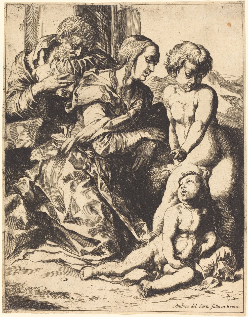 De Heilige Familie door Pierre Brebiette after Andrea del Sarto