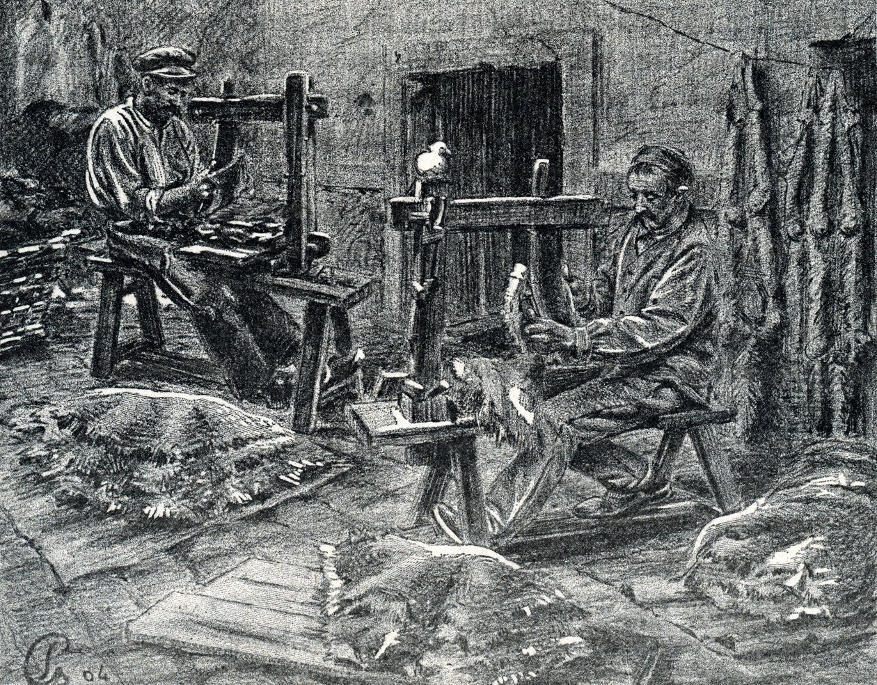 Ambachtslieden die schapenvellen schrapen Gravure uit 