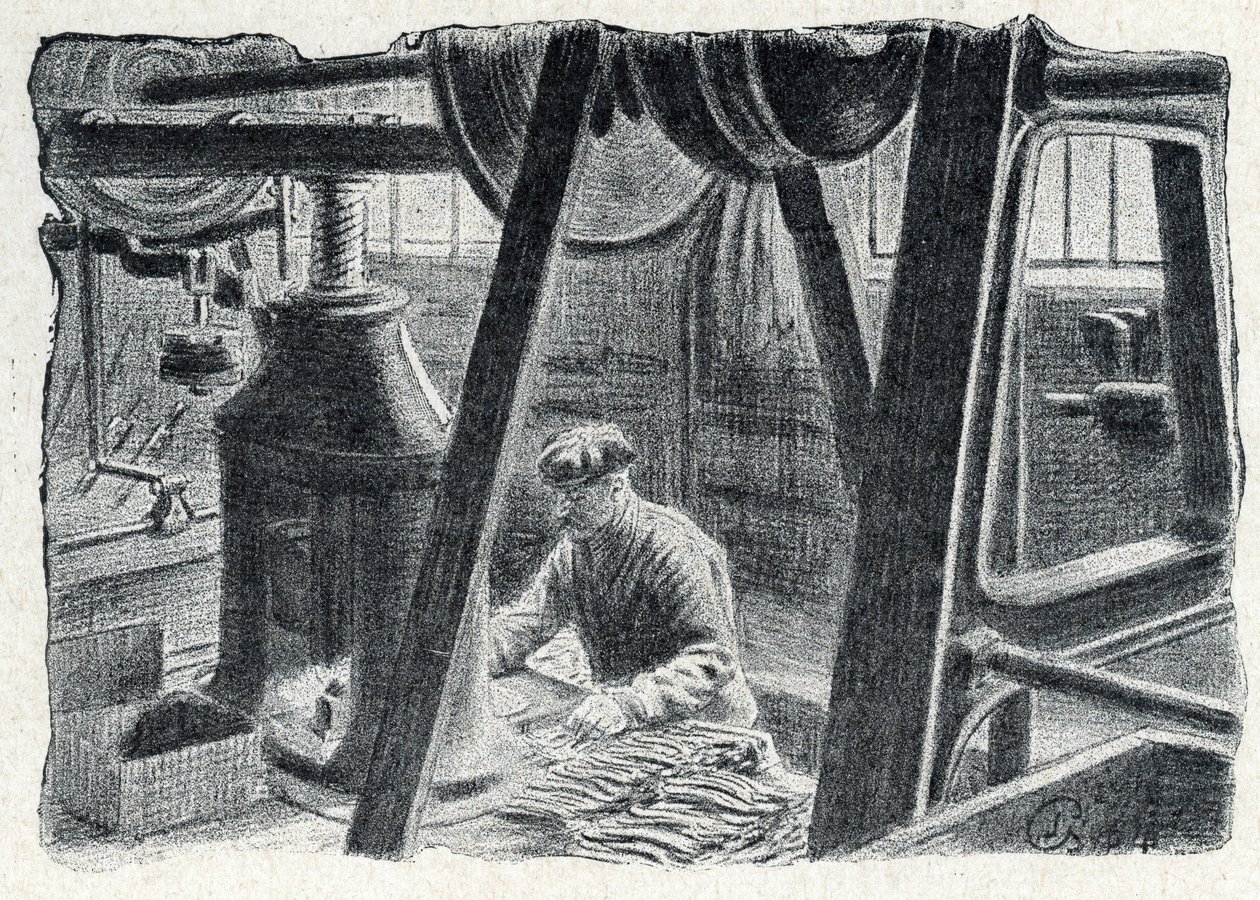 Bestek stempelen met een molen Gravure uit "Excursion a travers les metiers" door Pierre Calmette Privécollectie door Pierre Calmettes