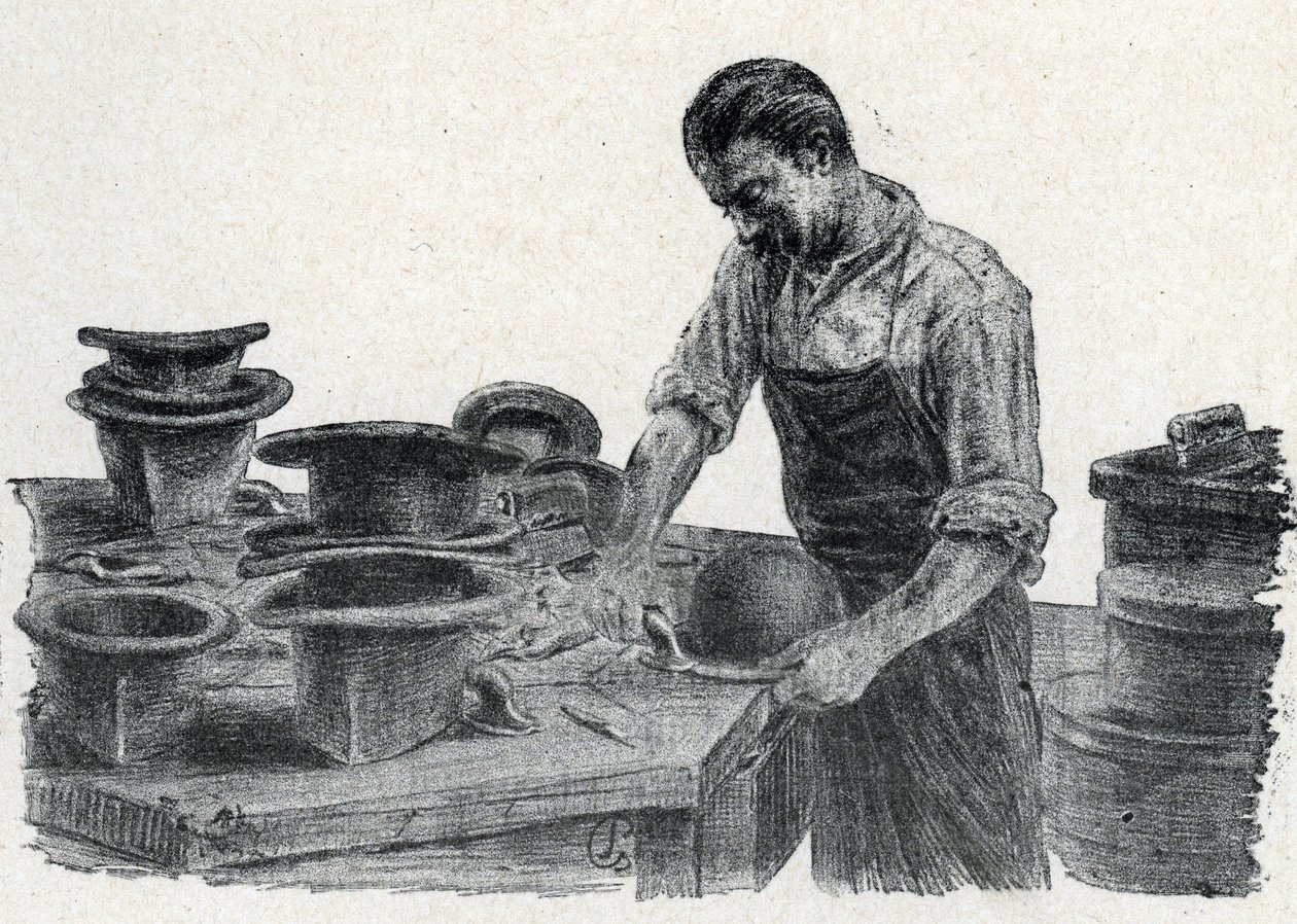 Hoedenmaker: het verstevigen van de randen van een bolhoed Gravure uit 