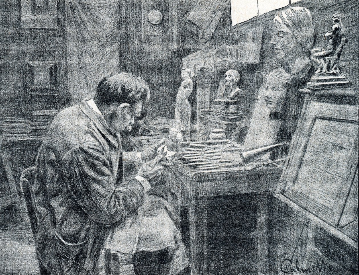 Ivoorbewerker die ivoor snijdt met beitels, schrapers en gutsen Gravure uit 