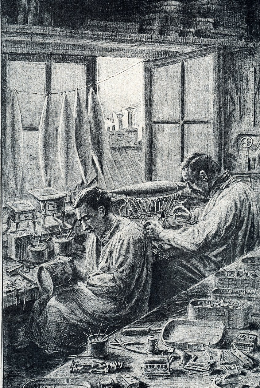Parijse arbeiders die speelgoed maken. Gravure van Pierre Calmette door Pierre Calmettes