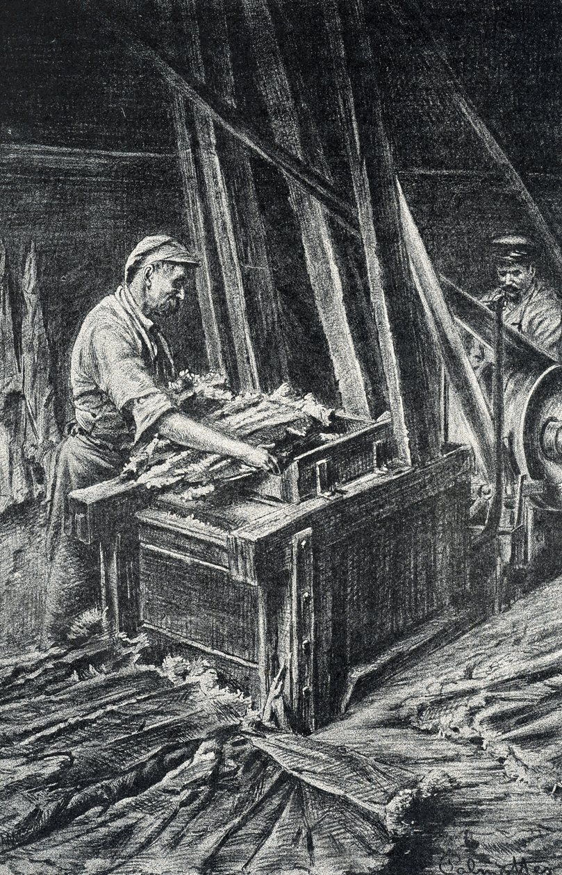 Leerbewerking, het verzachten van de dierenhuiden in een volgravure uit de collectie van Pierre Calmette door Pierre Calmettes