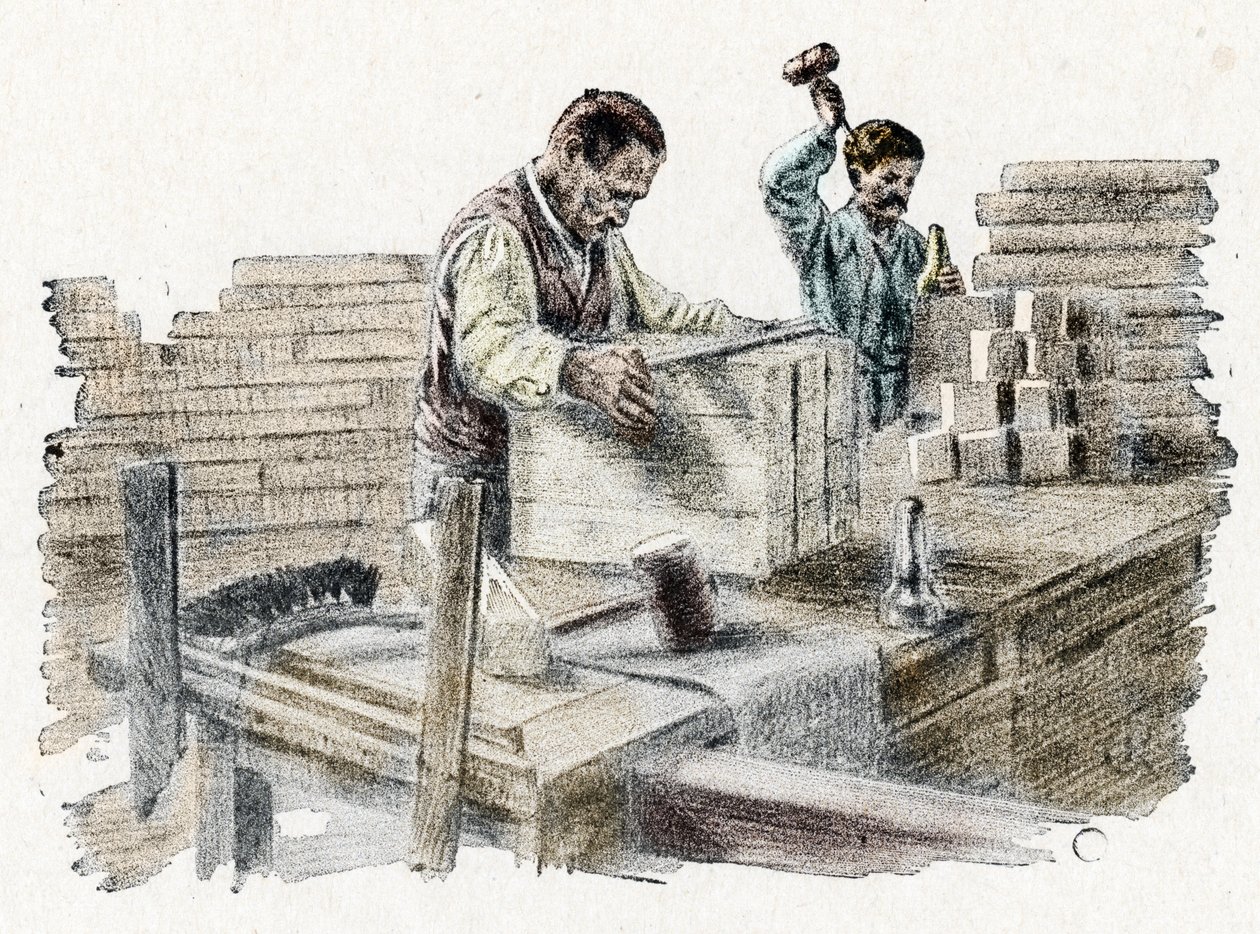 Savonnerie: het snijden van zeepblokken, gravure uit 