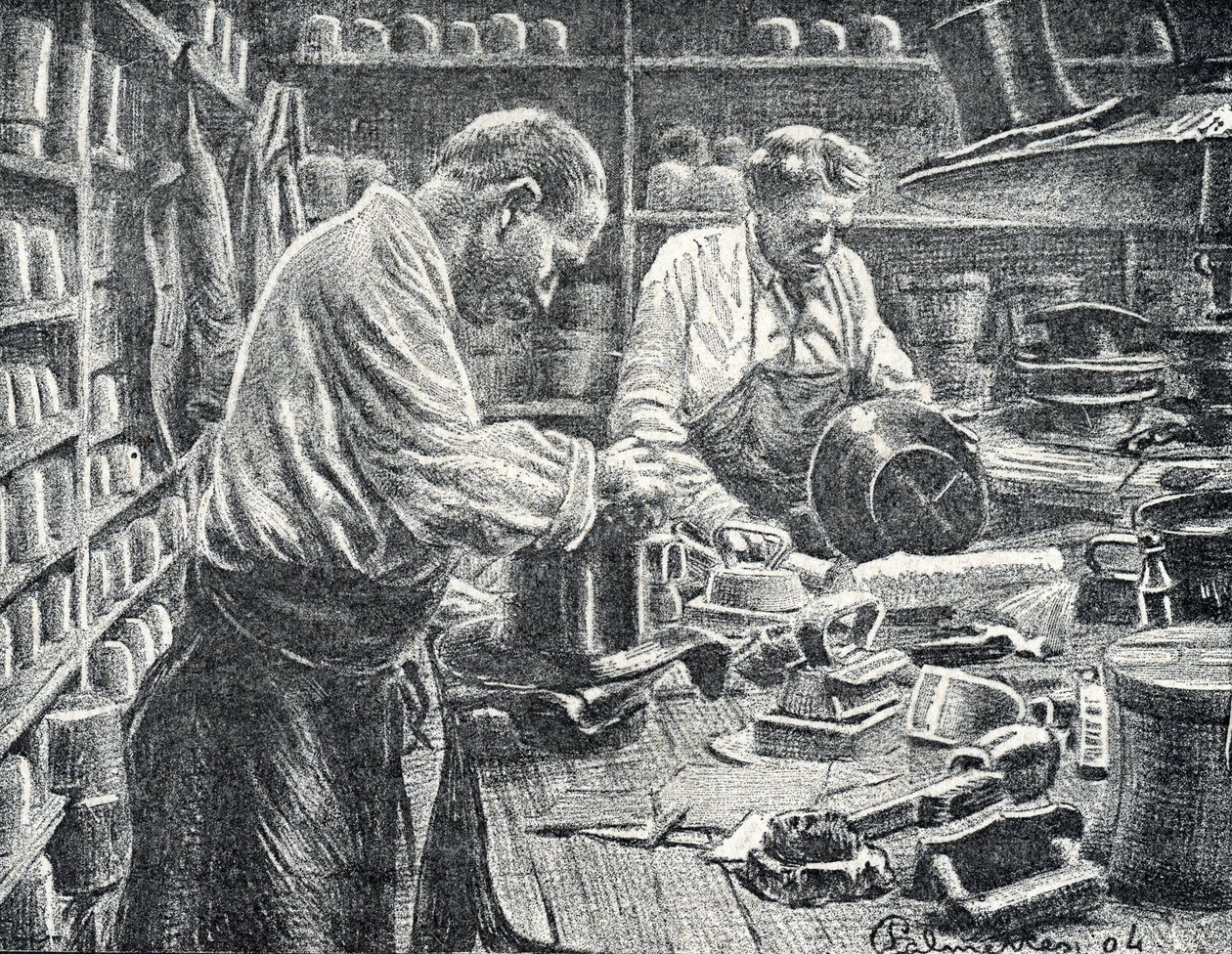 Zijden hoge hoeden fabriek. Gravure van Pierre Calmette door Pierre Calmettes