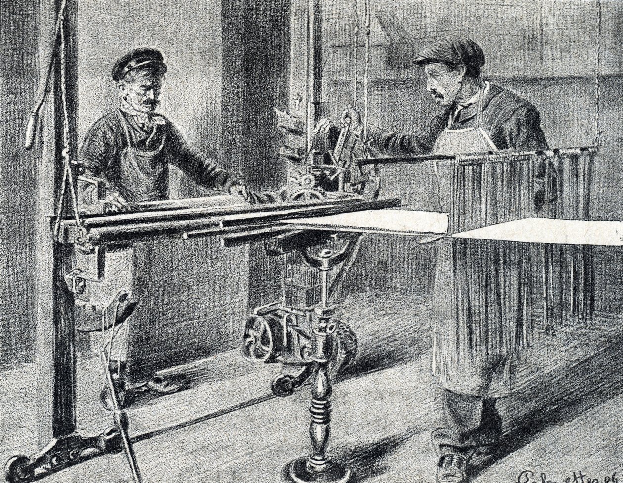 Zijdewerkplaats: de voorbereiding van de ketting bij de map (Zijdewerk) Gravure uit "Excursion through the metiers" door Pierre Calmette Privécollectie door Pierre Calmettes