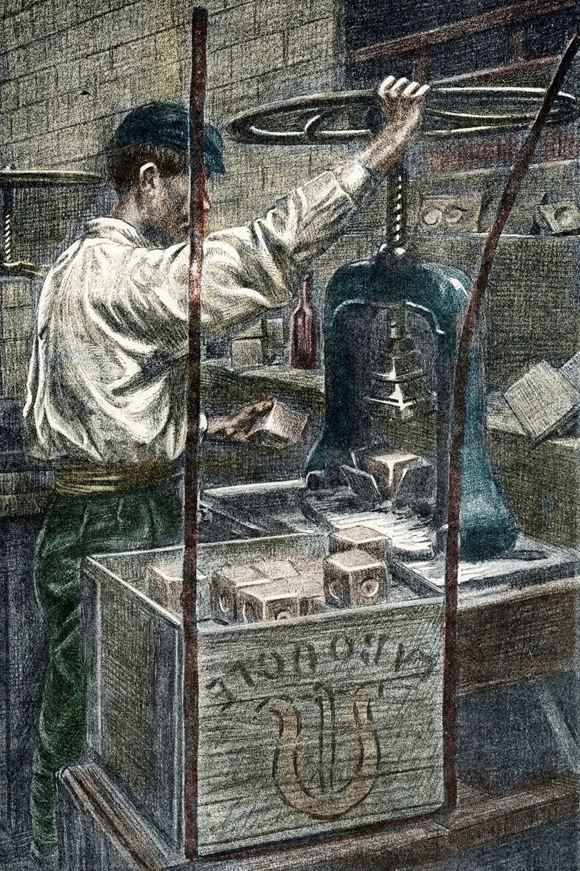 Zeepfabriek: het stempelen van het zeepmerk Gravure uit 