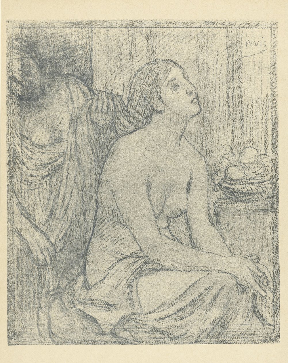 Vrouw Kamt Haar van Halfnaakte Zittende Vrouw door Pierre Cécile Puvis de Chavannes