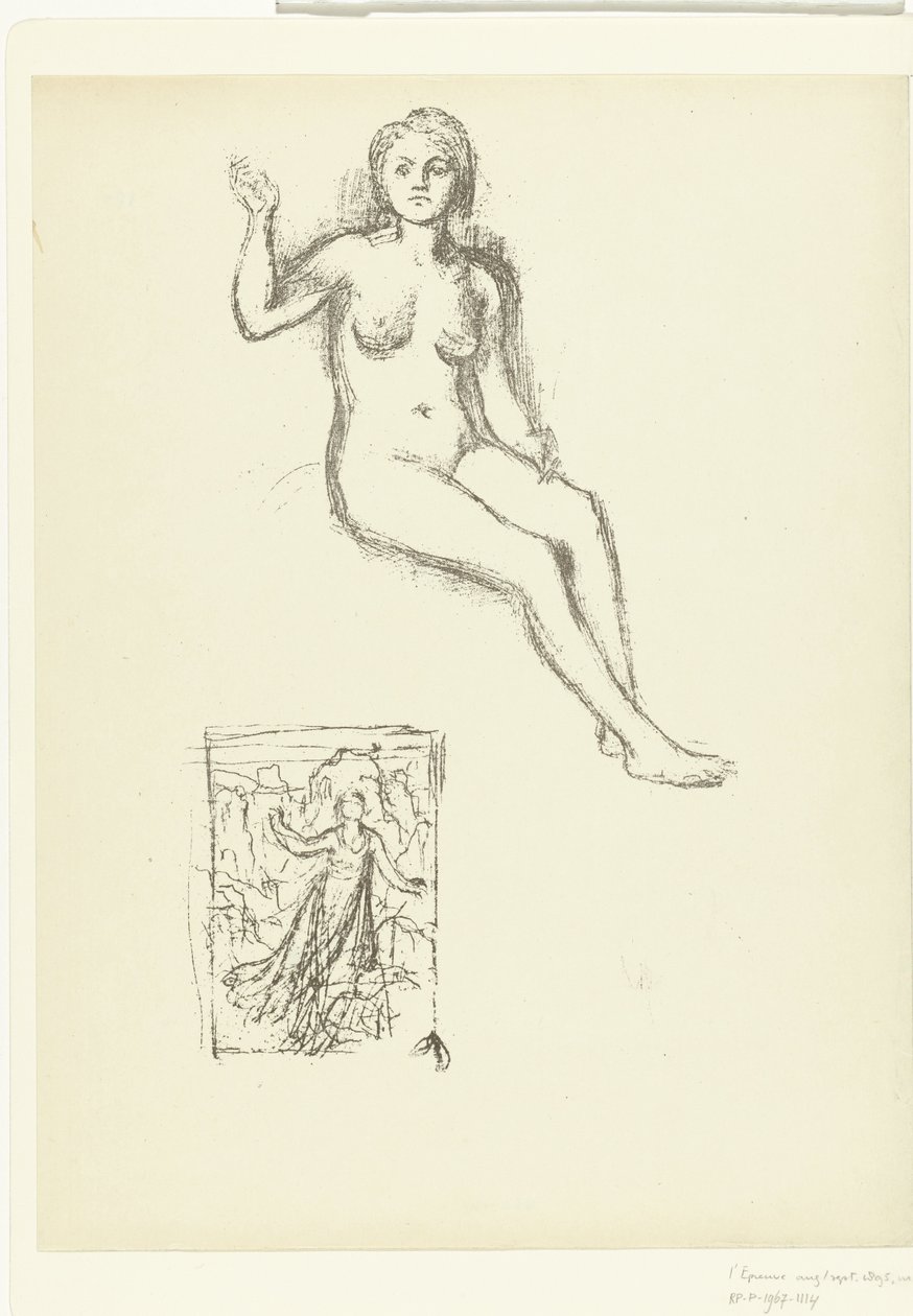 Zittende naakte vrouw en vrouw in landschap door Pierre Cécile Puvis de Chavannes