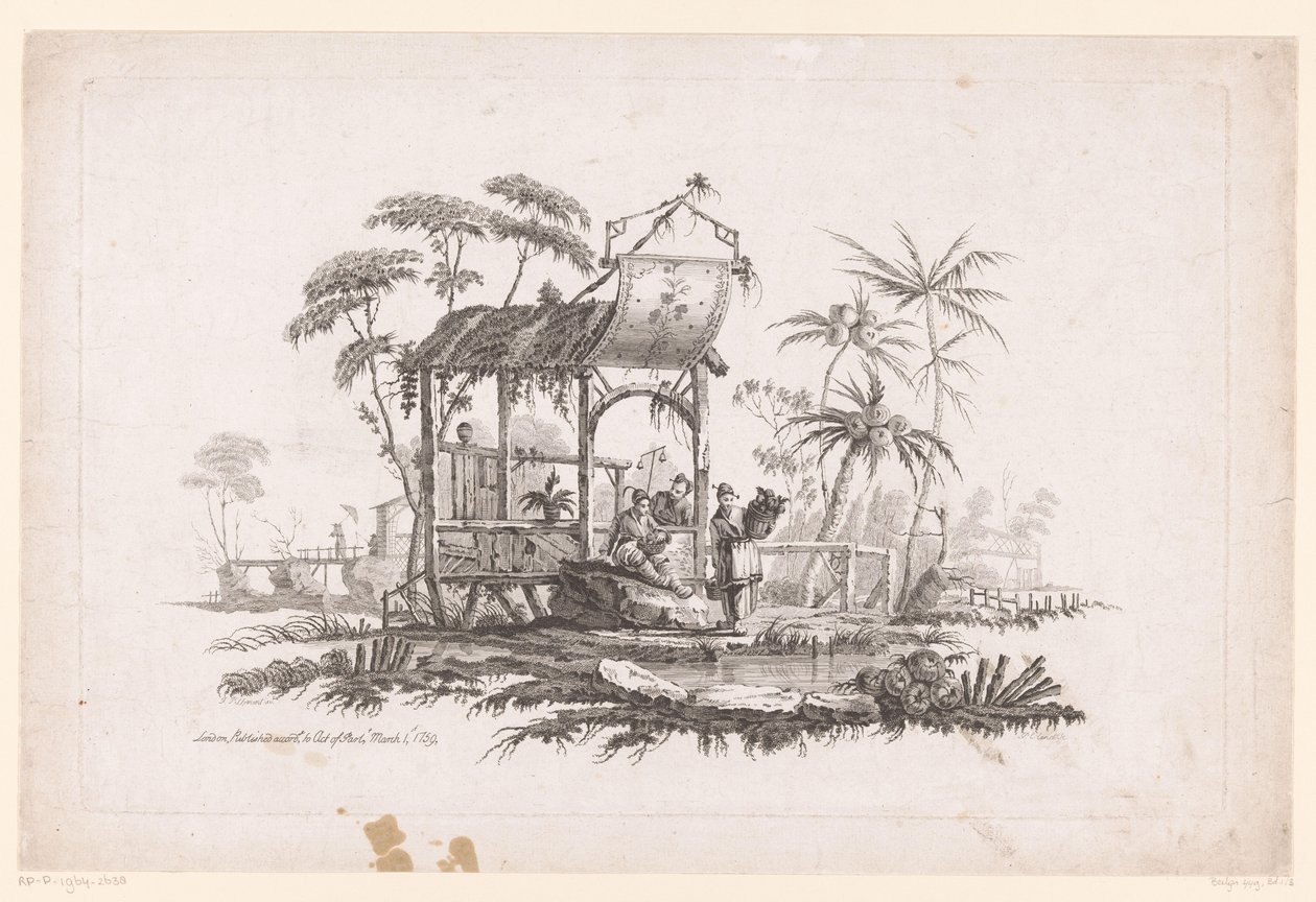 Figuren met manden op oever door Pierre-Charles Canot