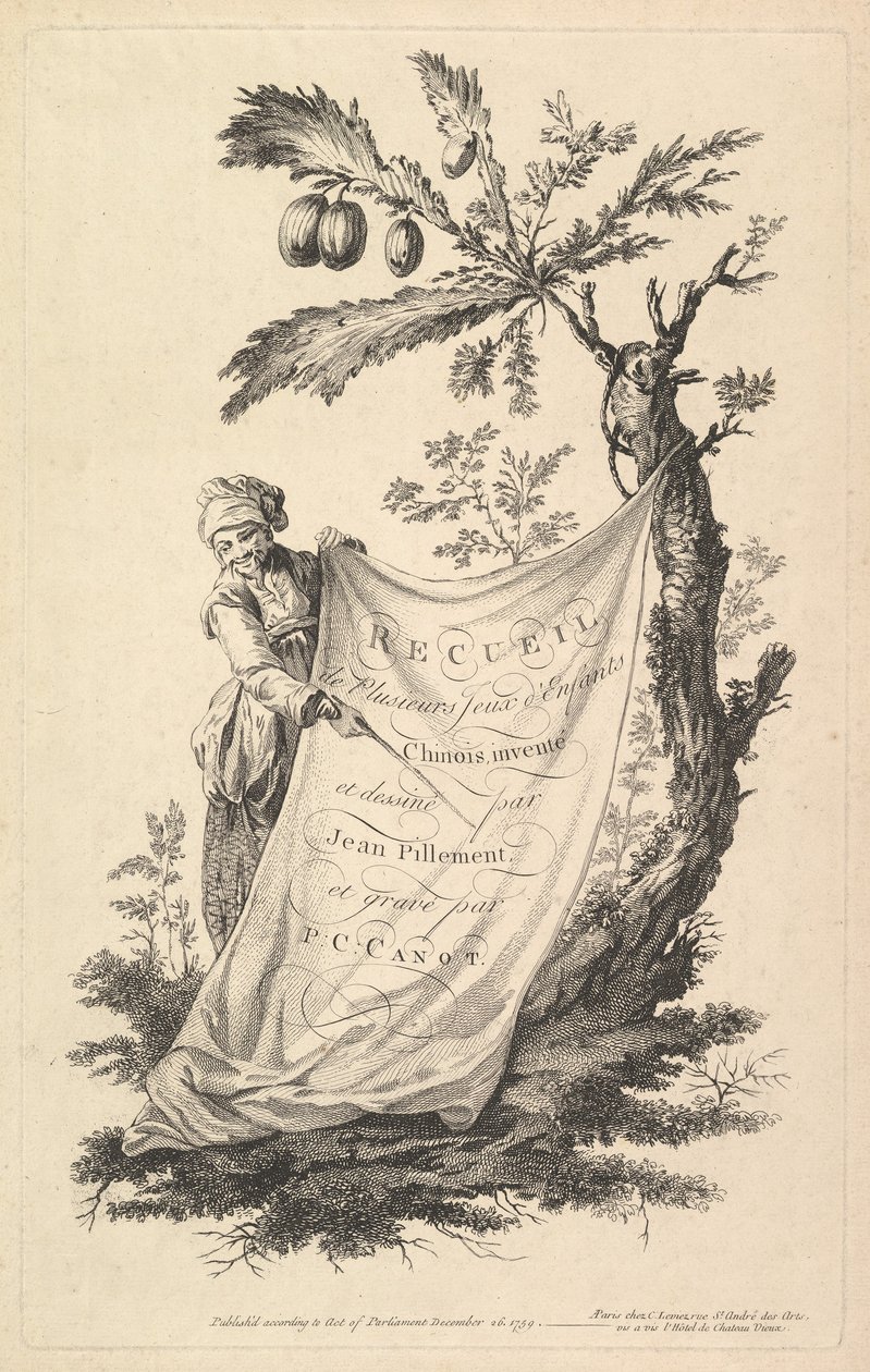 Titelpagina: een glimlachende man houdt een hoek van een doek vastgebonden aan een vijgenboom en wijst met een s..., 1759 door Pierre Charles Canot