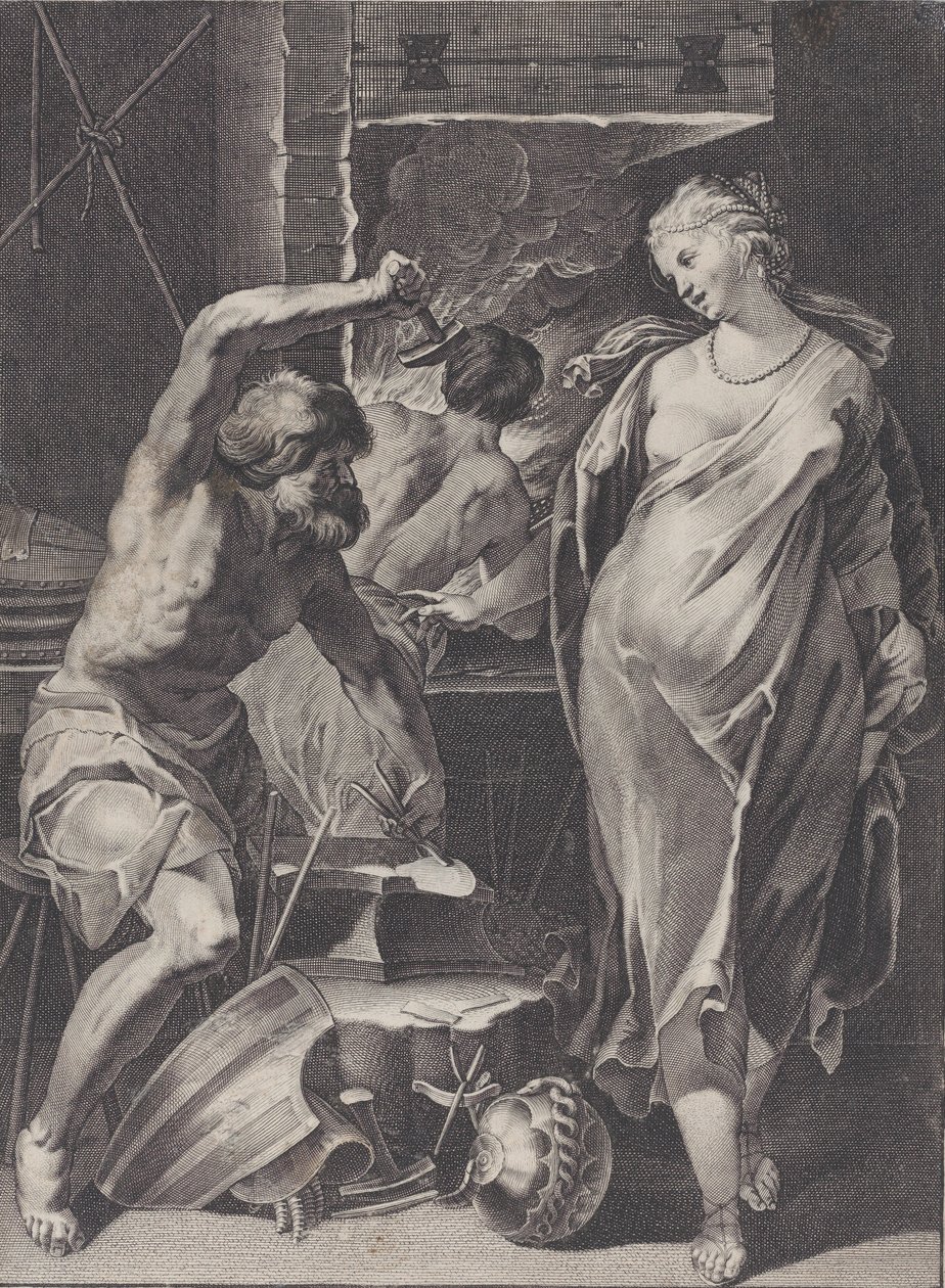 Vulcanus smeedt de wapenrusting van Achilles door Pierre Daret