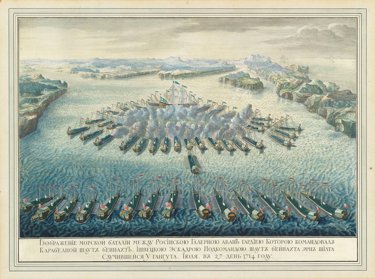 De zeeslag bij Gangut op 27 juli 1714, na 1724 door Pierre Denis II Martin