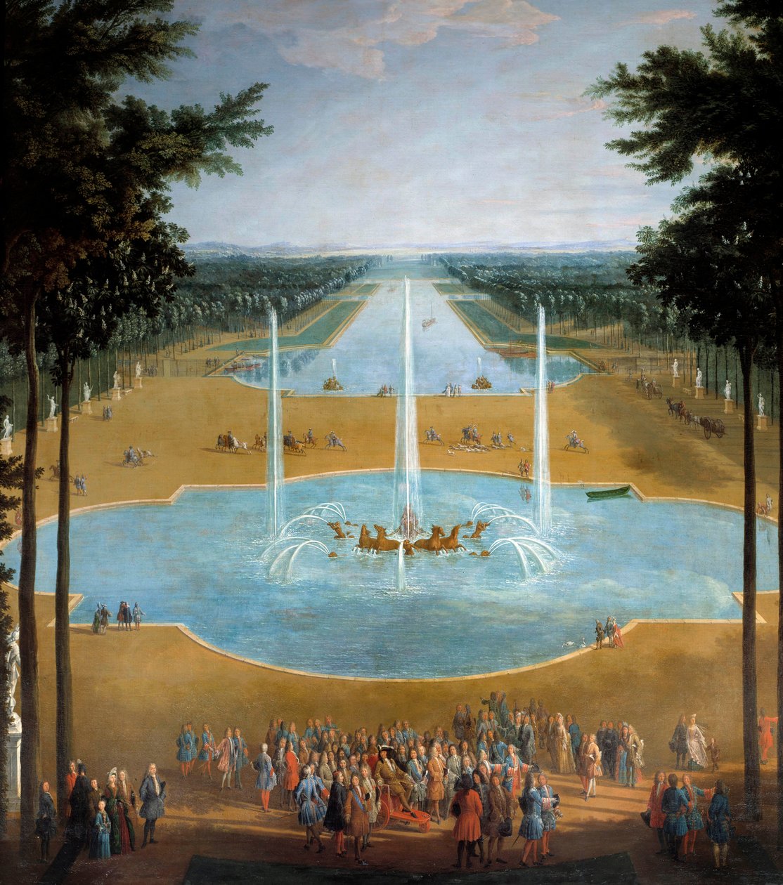 Uitzicht op het bassin van Apollo en het Grote Kanaal van Versailles in 1713, op de voorgrond: Koning Lodewijk XIV (1638-1715) tijdens de wandeling rond 1713 (detail van een schilderij door Pierre Denis Martin (1663-1742)) door Pierre Denis Martin