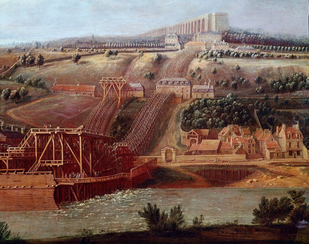 Uitzicht op de machine van het aquaduct van Marly geïnstalleerd in Bougival (detail) door Pierre Denis Martin