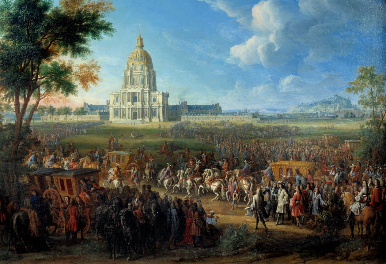 Bezoek van Koning Lodewijk XIV aan de kerk van het Koninklijk Hotel des Invalides door Pierre Denis Martin