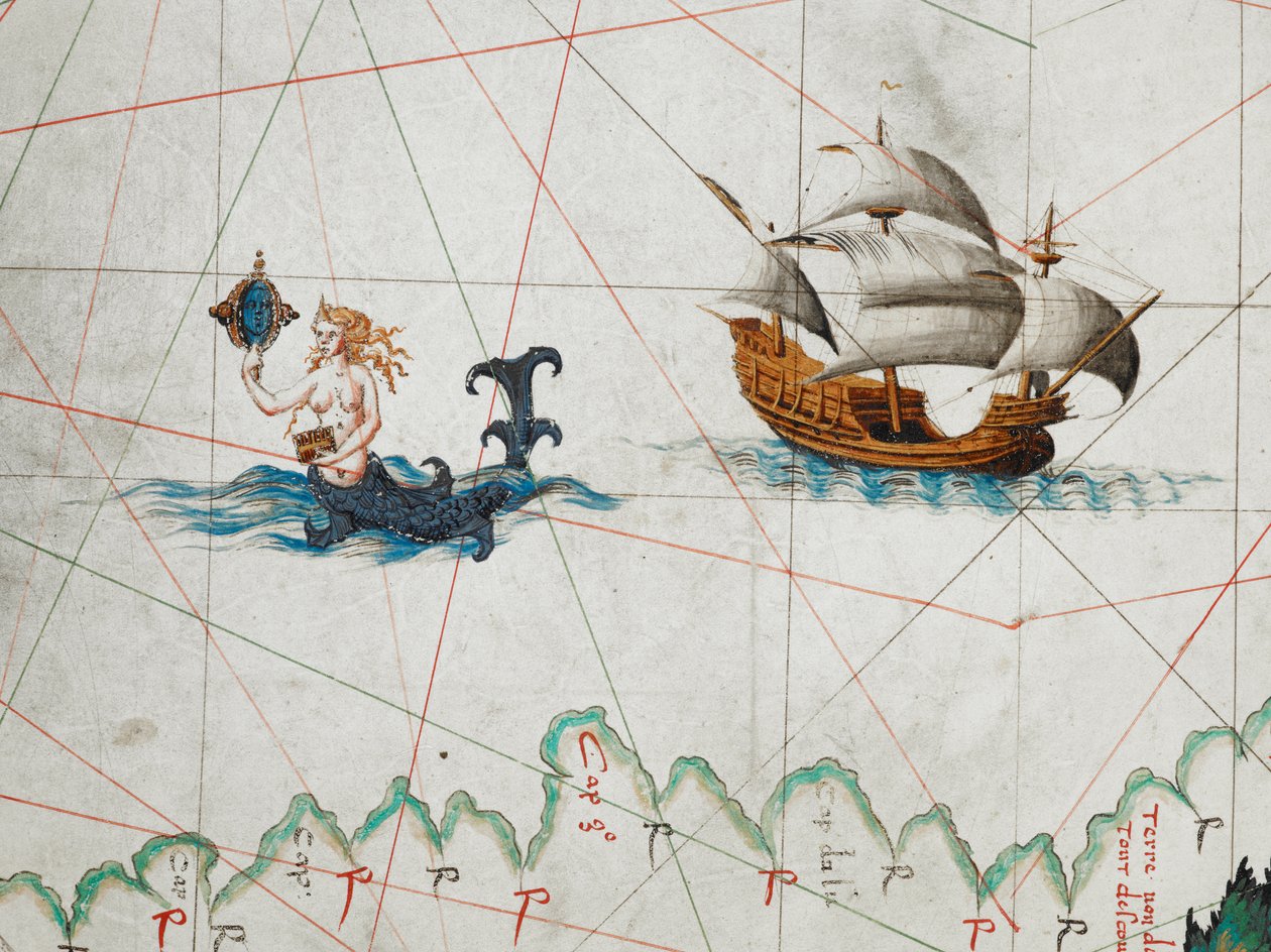 Een detail van een sirene die zichzelf bewondert in een spiegel en een schip ten oosten van haar in de Zuidelijke Oceaan, uit een wereldkaart, 