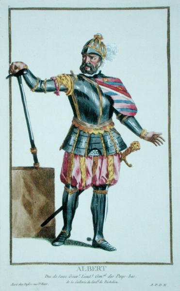 Albert de Stoute (1443-1500) Hertog van Saksen uit Receuil des Estampes, representant les Rangs et les Dignites, suivant le Costume de toutes les Nations existantes, gepubliceerd 1780 door Pierre Duflos