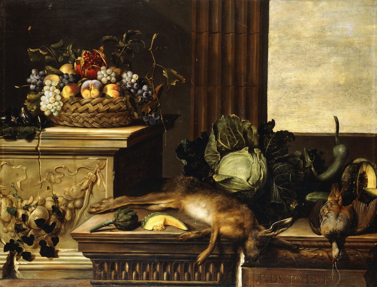 Fruit in een rieten mand met vijgen op een sokkel, dood wild, een kool, een meloen, een kalebas en een artisjok op een stenen richel, een raam op de achtergrond door Pierre Dupuis