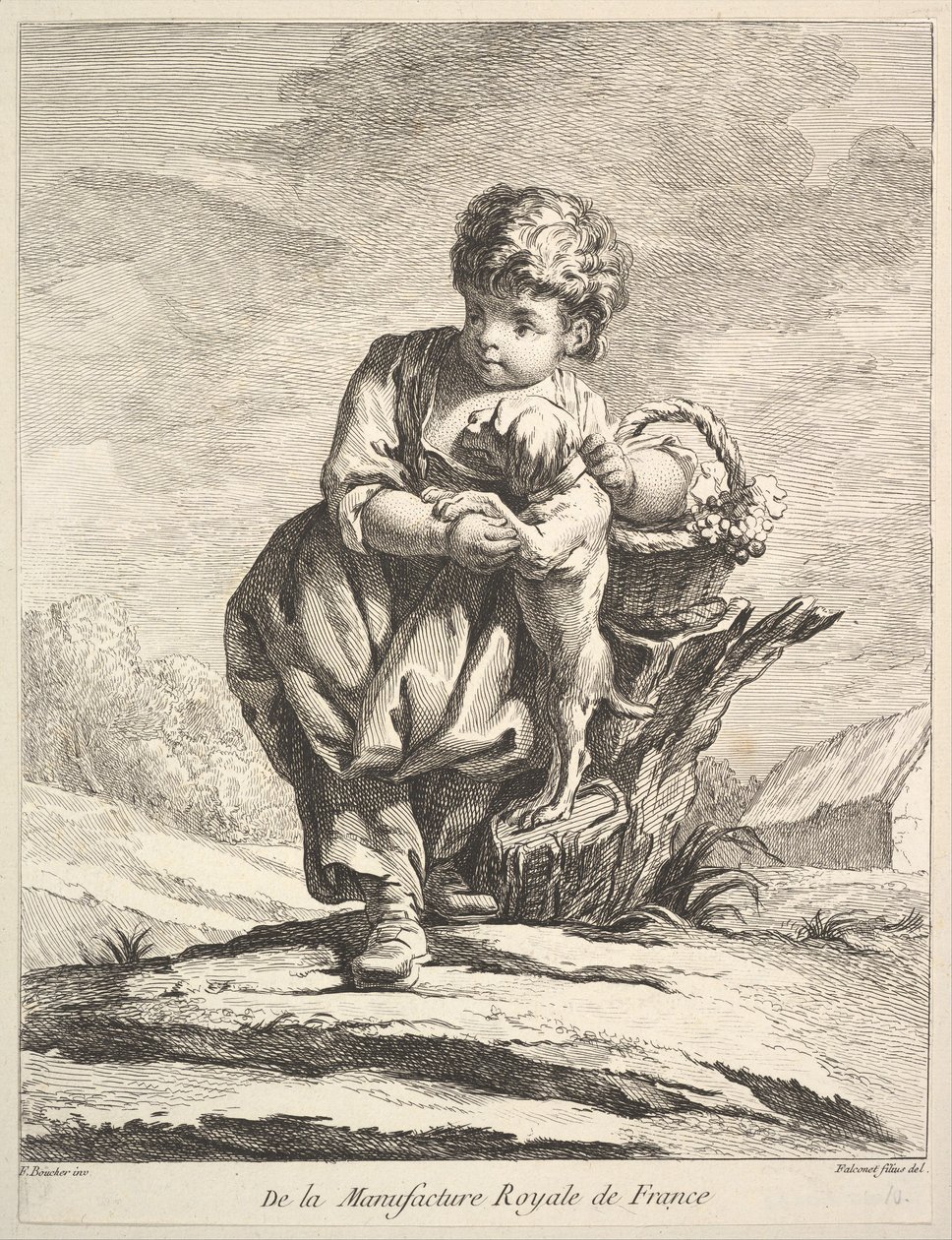 Kind met een hond, met een mand druiven, uit Premier Livre de Figures, 1757 door Pierre Etienne Falconet