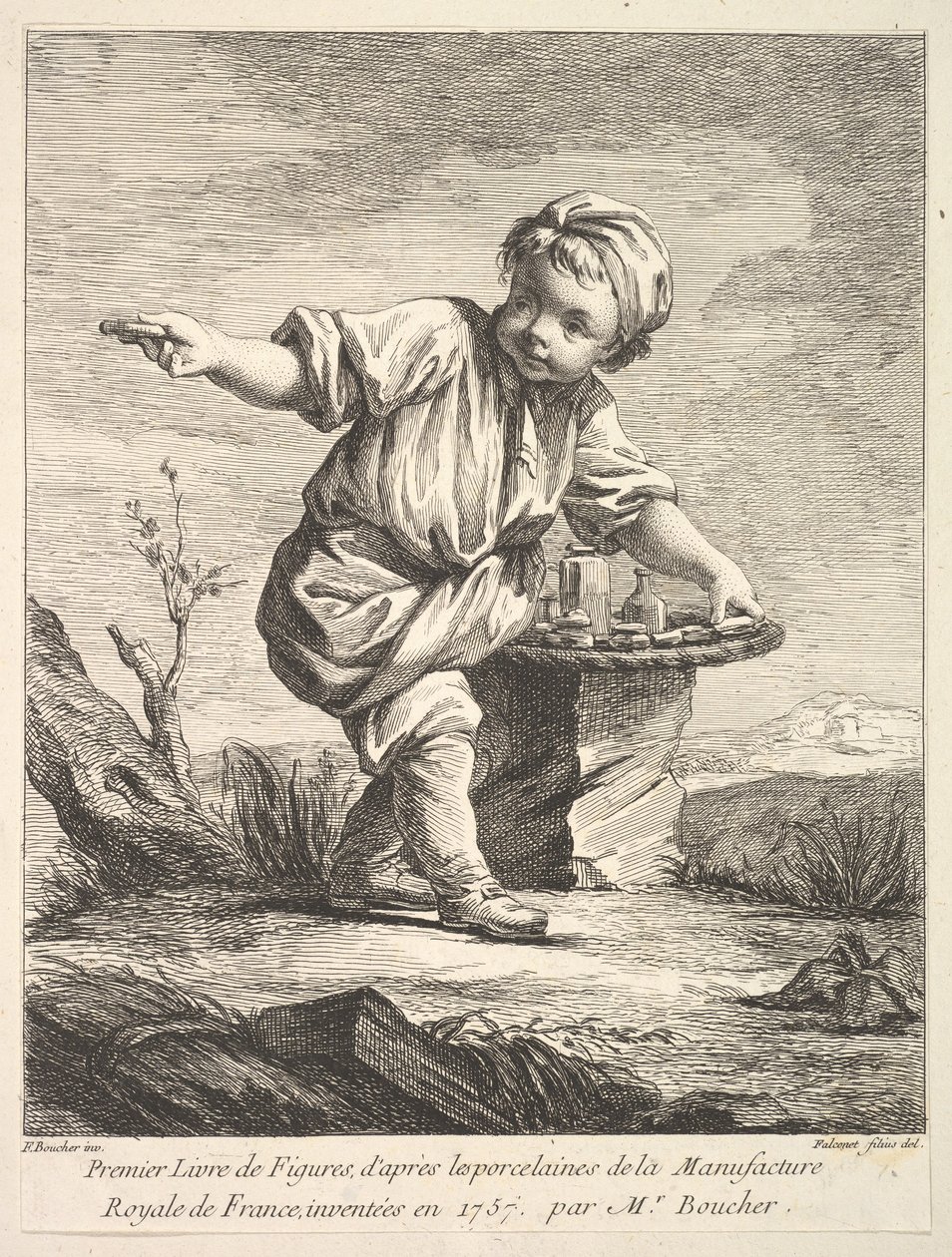 Frontispice met jongetje dat een mand vasthoudt, uit Premier Livre de Figures d