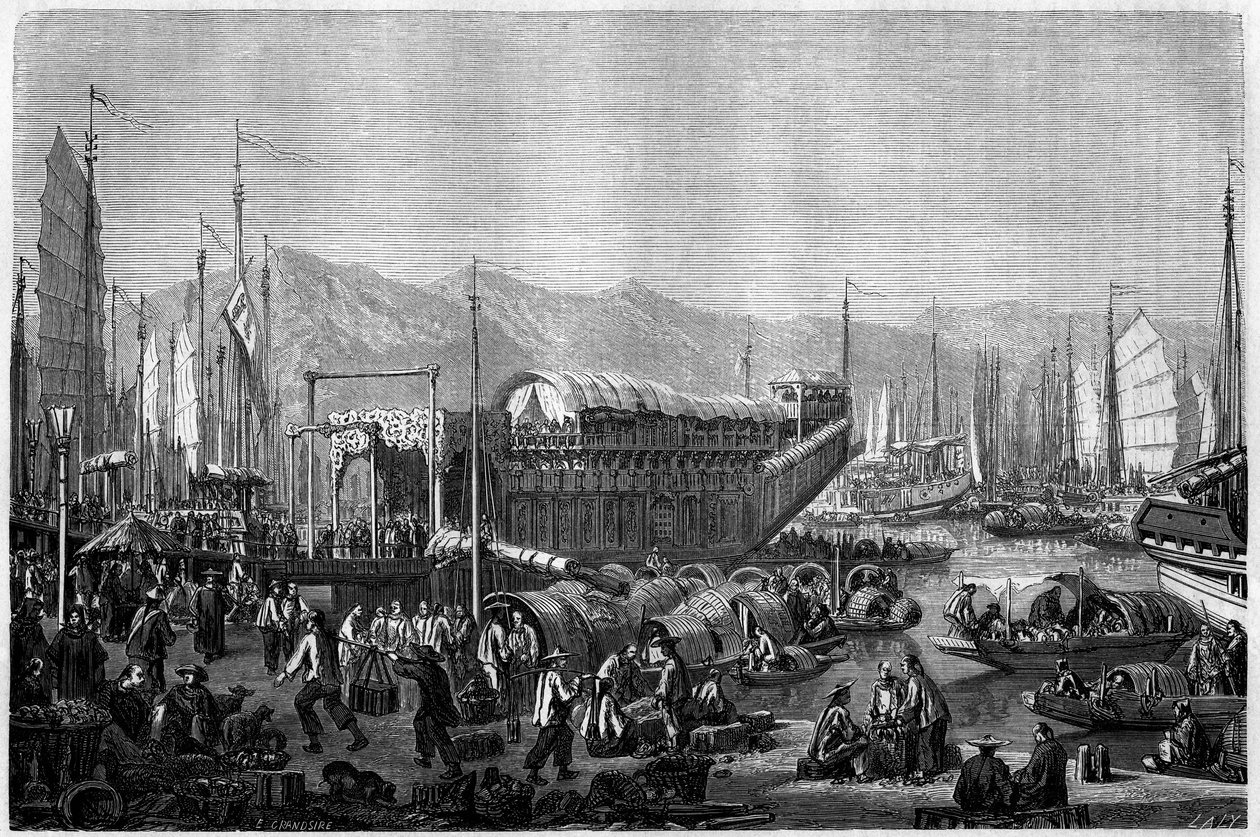 Boot des Fleurs, een restaurant en plaats van plezier in de haven van Shanghai in 1860, China. Gravure door Grandsire, in 