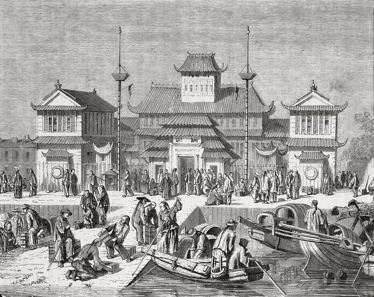 China, Shanghai, Shanghai Douanehuis, gravure door Pierre Eugene Grandsire