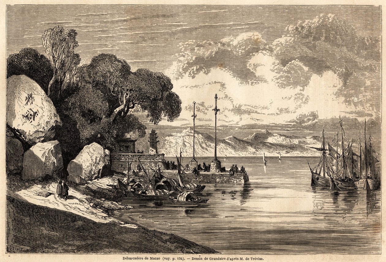 De Barcadere van Macau. Gravure in Le tour du monde, nouveau journal des voyages. door Pierre Eugene Grandsire