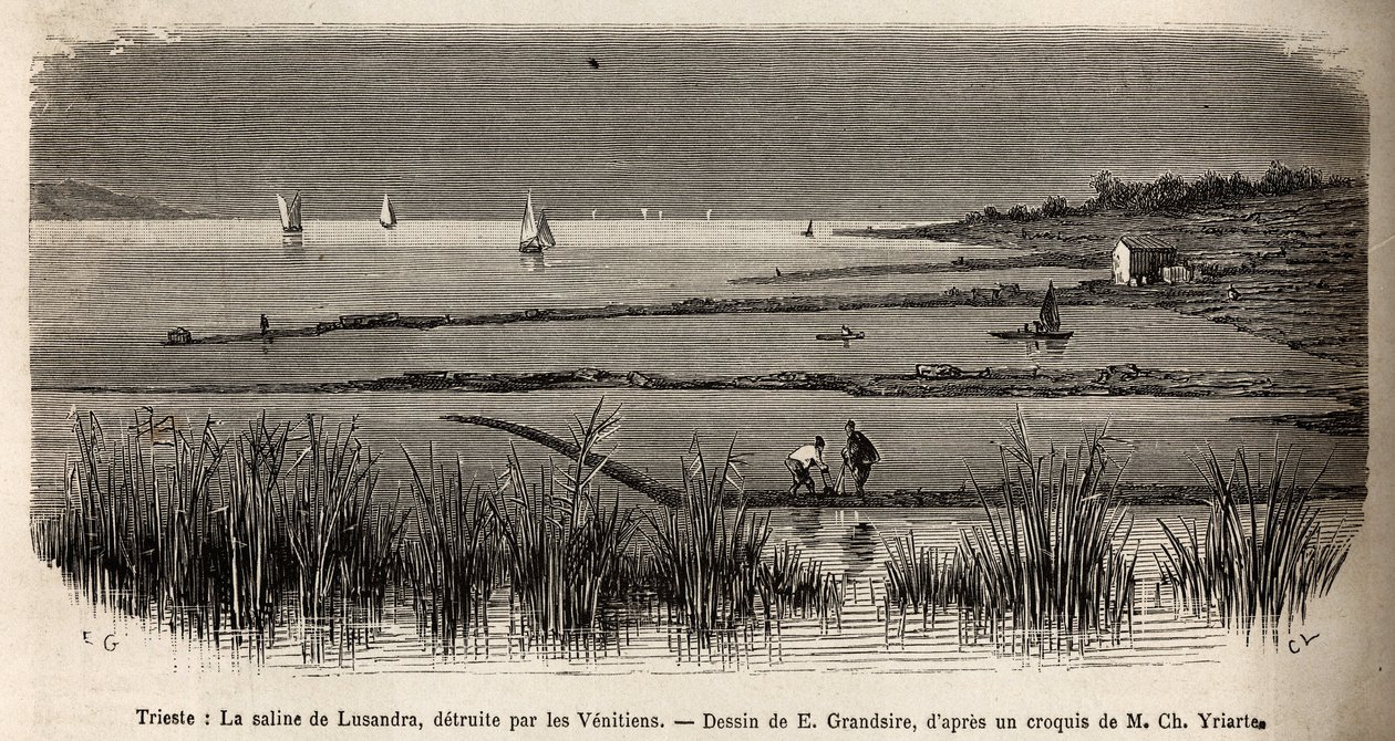 De zoutziederij van Lusandra, in de buurt van Triëst, vernietigd door de Venetianen die het als een gevaarlijke concurrentie voor het monopolie dat ze in de Adriatische Zee uitoefenden, gravure door E. Grandsire ter illustratie van de reis naar Istrië en D door Pierre Eugene Grandsire
