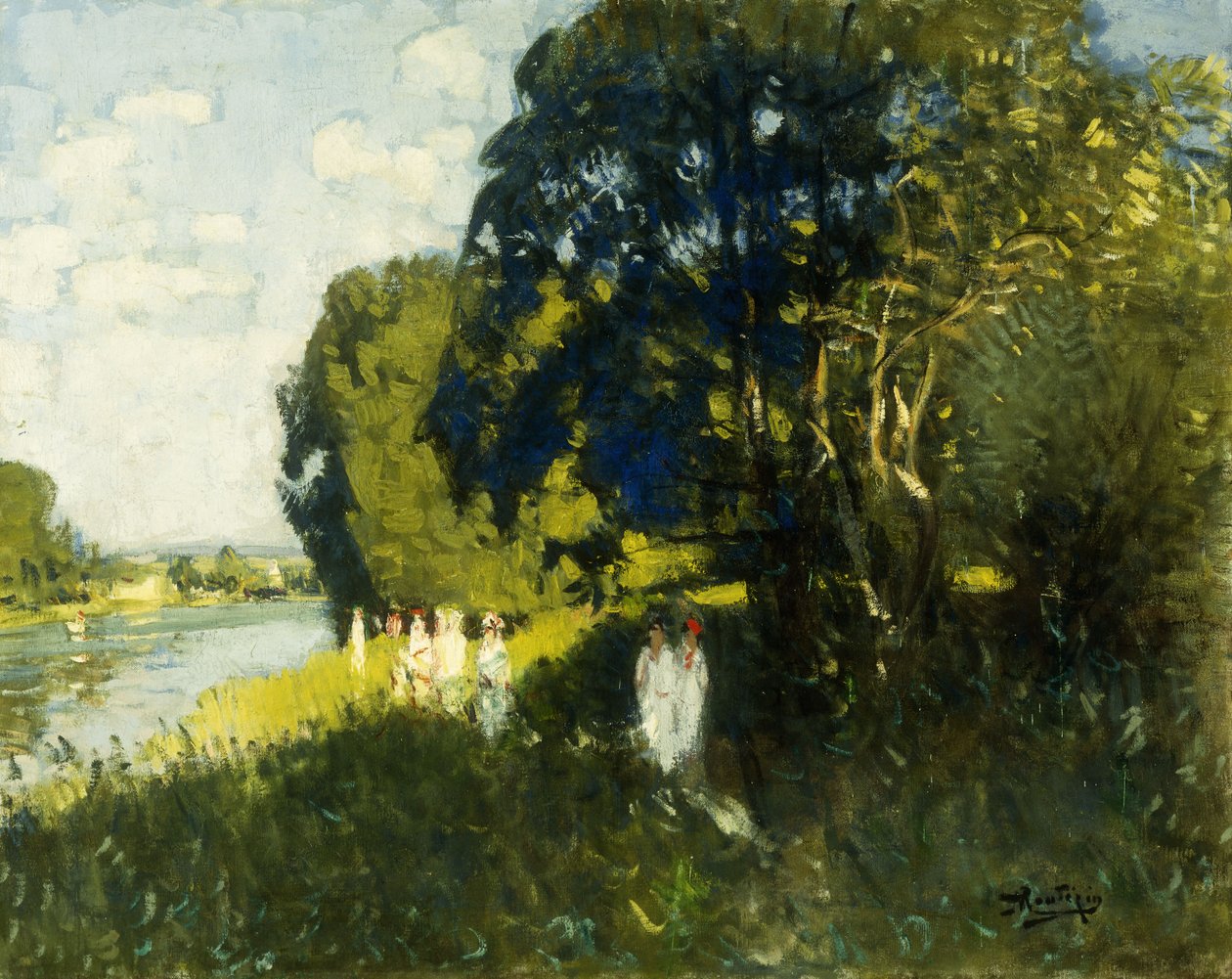 Een Mooie Zondag aan de Oevers van de Seine; un Beau Dimanche au Bord de la Seine door Pierre Eugene Montezin