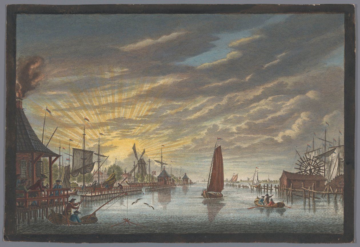 Gezicht op de oude jachthaven te Amsterdam, gezien richting het bolwerk Leeuwenburg ofwel Blauwhoofd door Pierre Fouquet