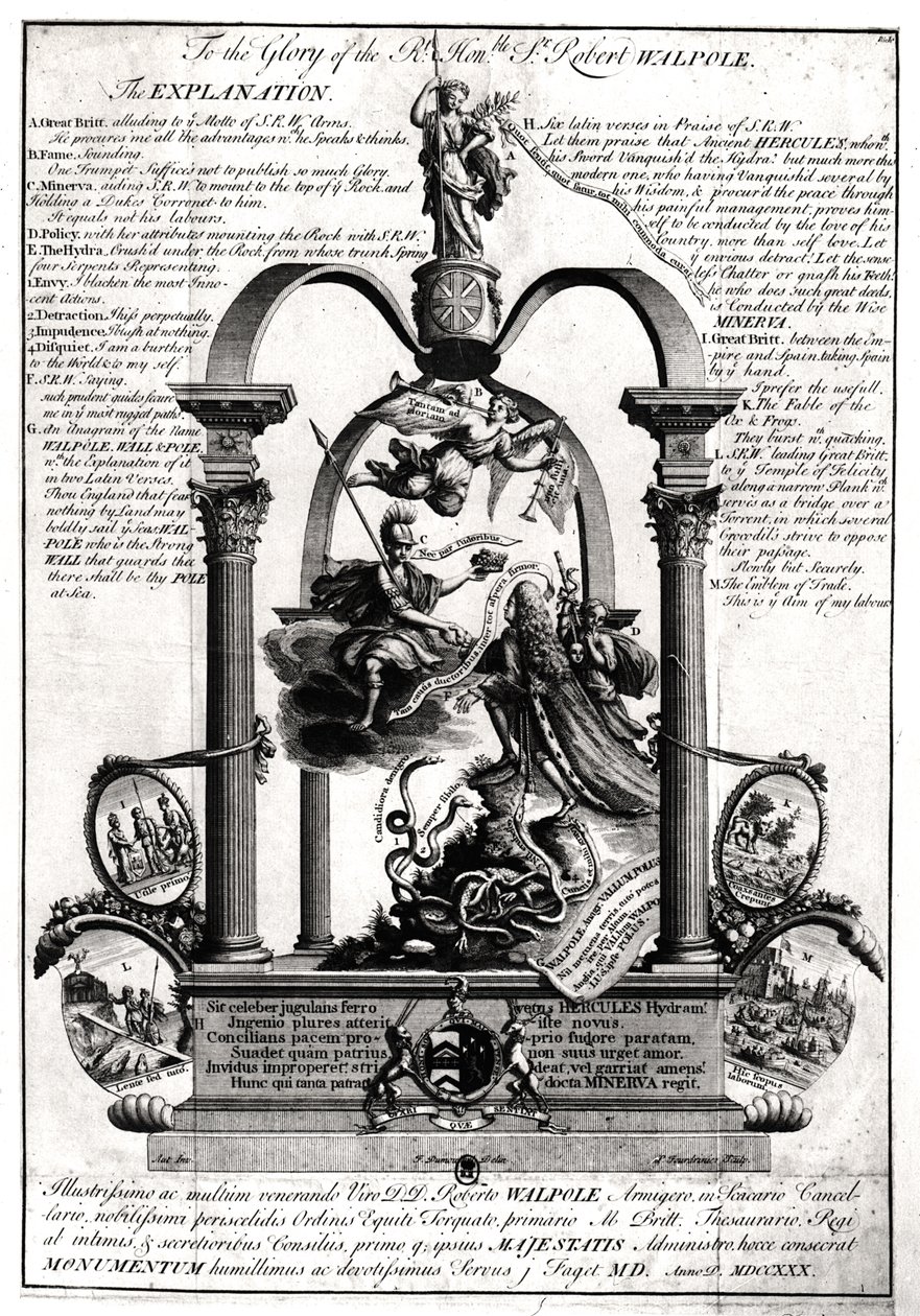 Ter ere van de Zeer Eerwaarde Robert Walpole (1676-1745) 1e Graaf van Orford door Pierre Fourdrinier