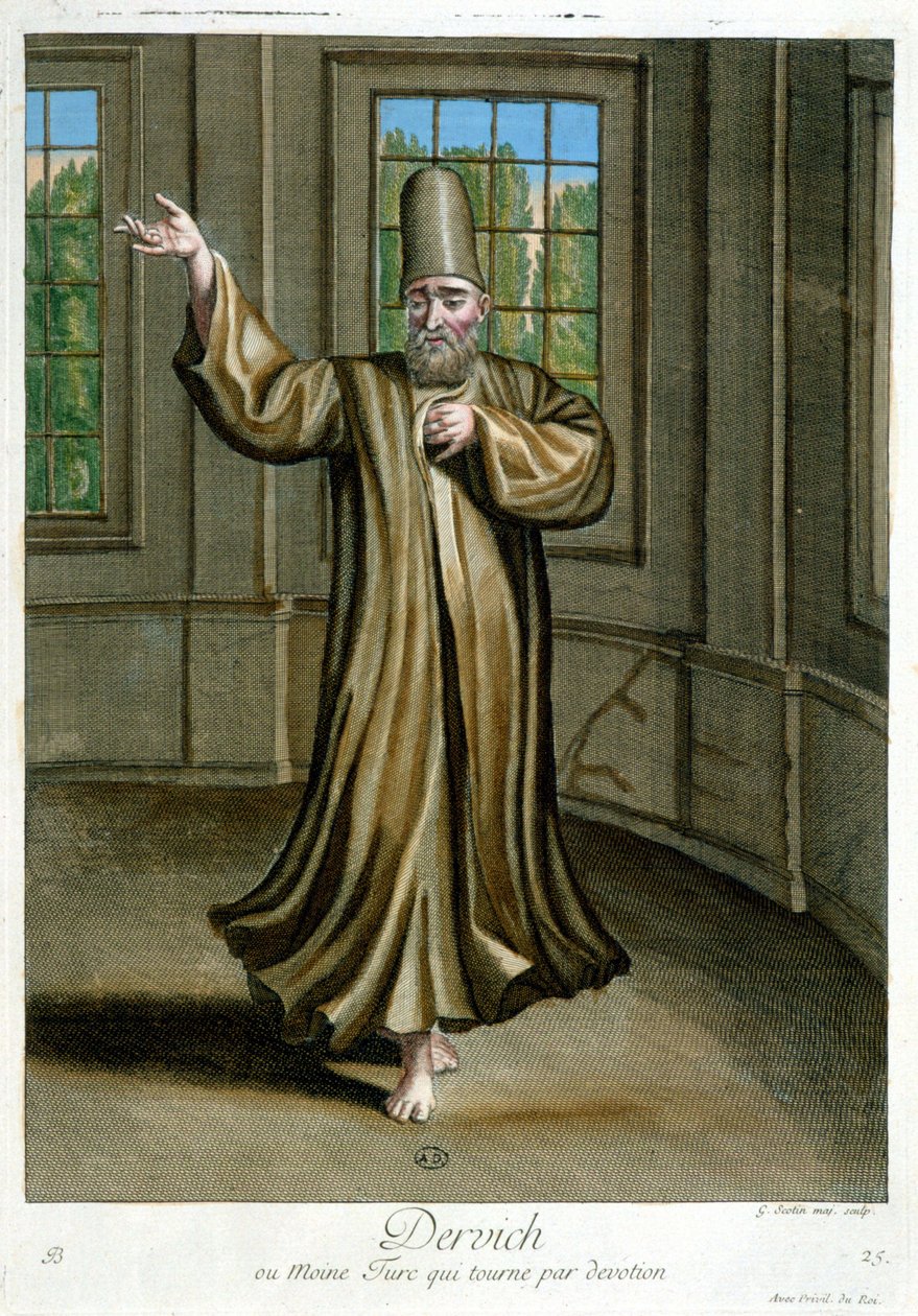 Dervich, of Turkse monnik die danst uit devotie, "Collectie van 100 prenten die verschillende naties van de Levant vertegenwoordigen in 1707 en 1708" in opdracht van M. de Frriol, ambassadeur van de koning aan de Porte en bijgewerkt in 1712-13 door de zorg door Pierre François Basan