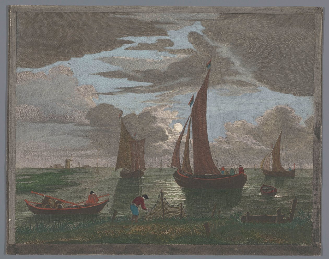 Gezicht op een kust met schepen en boten op het water bij maanlicht door Pierre François Basan