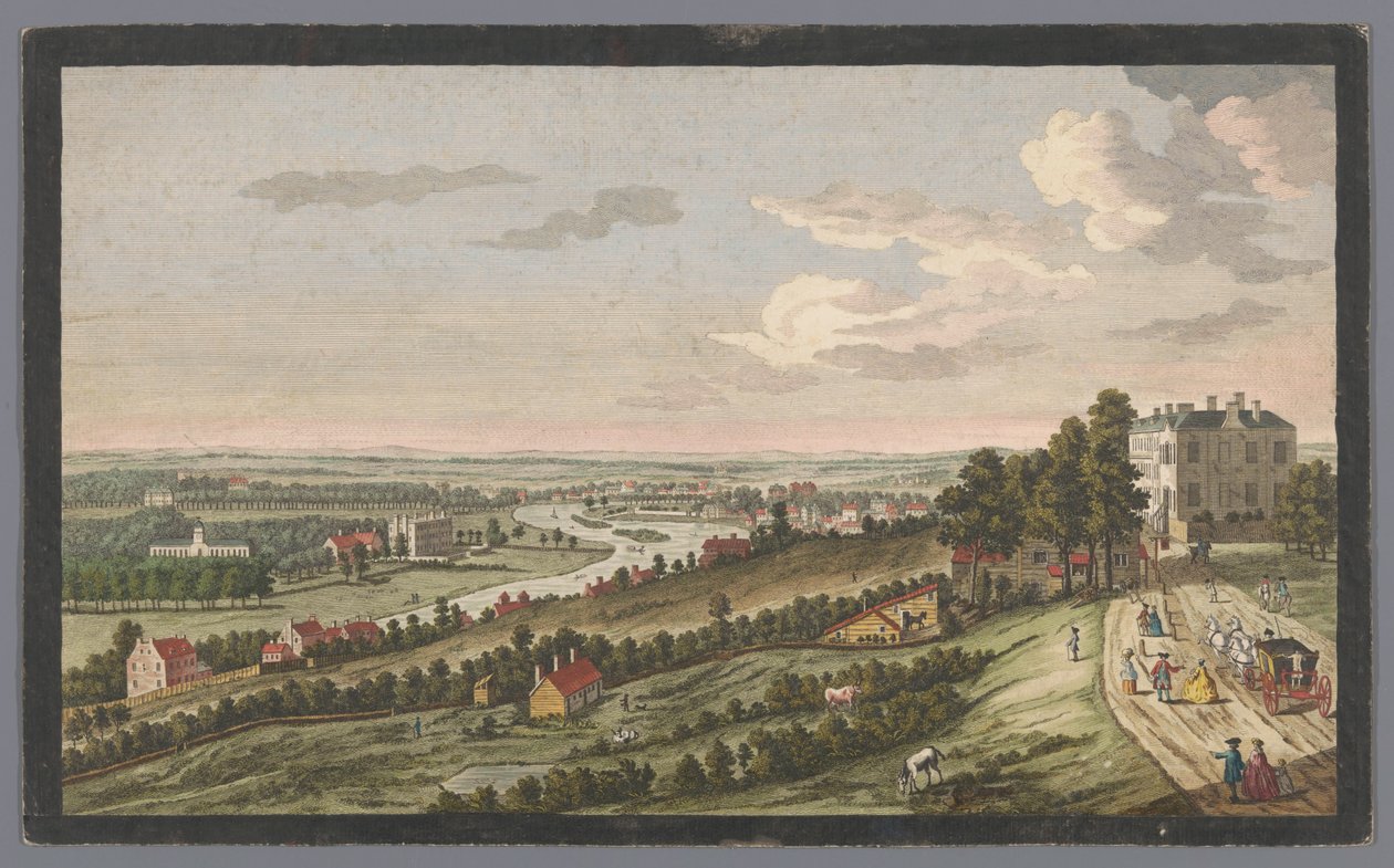 Gezicht op een rivier met schepen en boten op het water bij maanlicht door Pierre François Basan