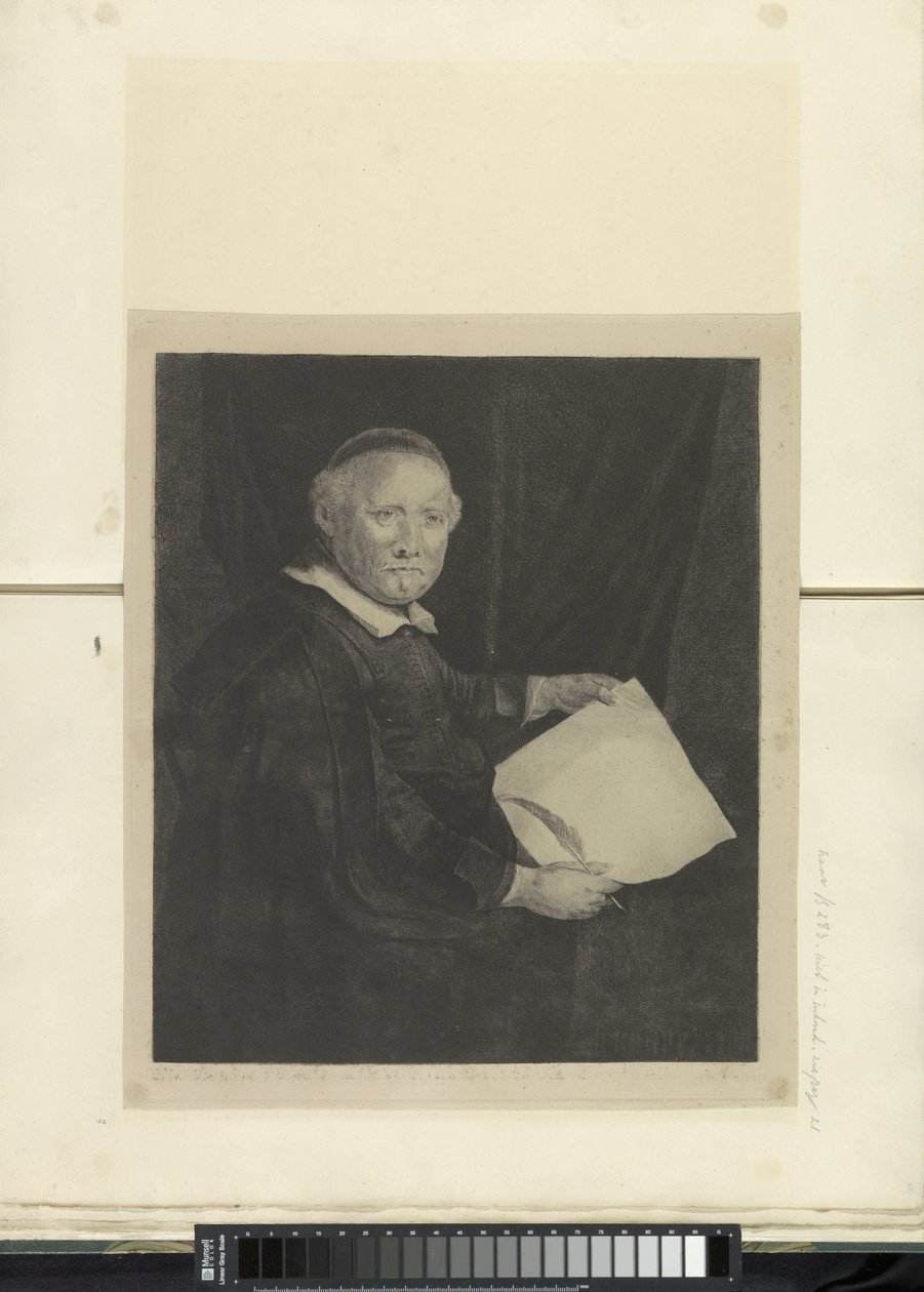 Portret van schrijfmeester Lieven Willemsz. van Coppenol: grote plaat door Pierre François Basan