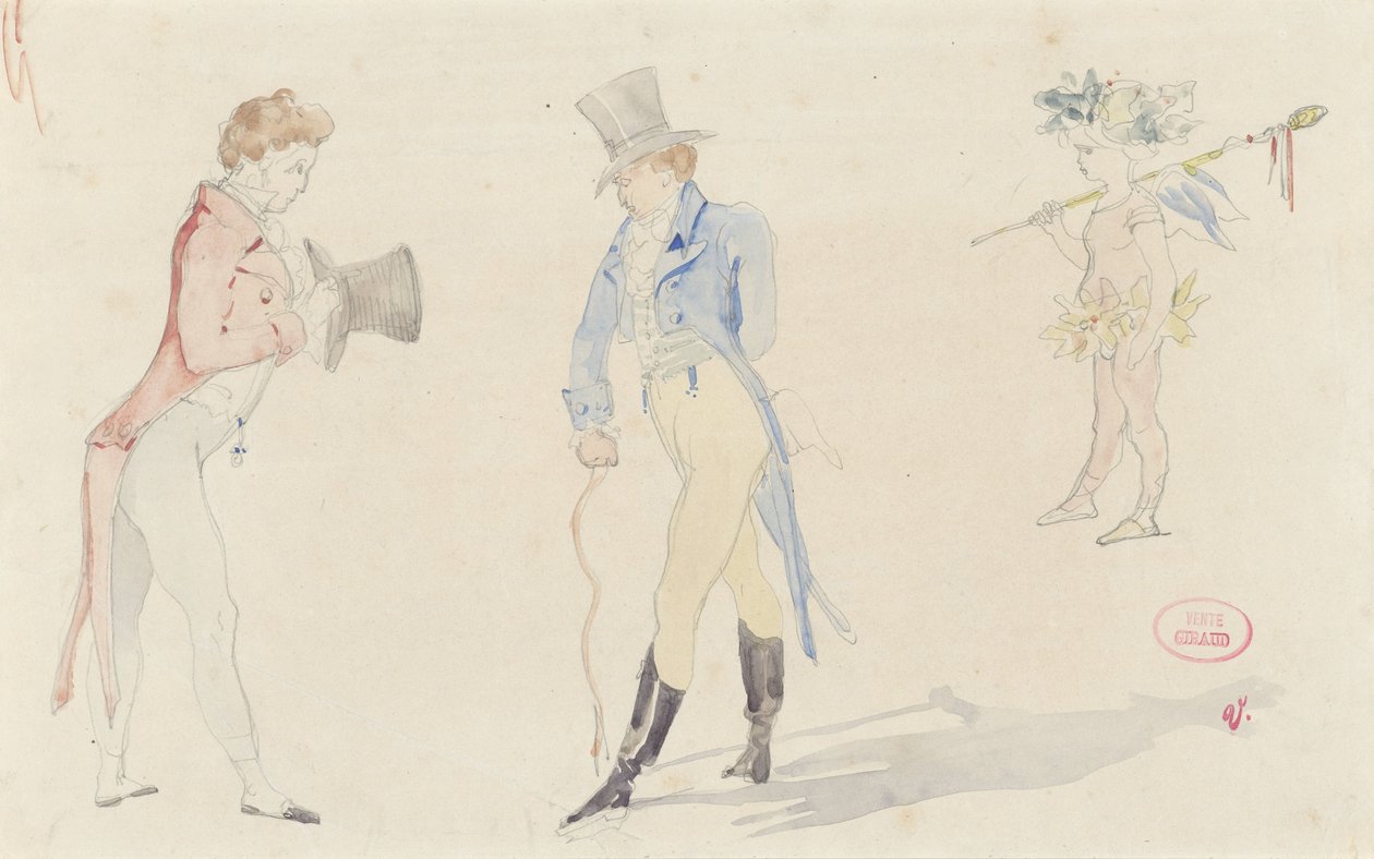 Licht schetsblad met twee elkaar ontmoetende dandies en een ballet-amour door Pierre François Eugène Giraud
