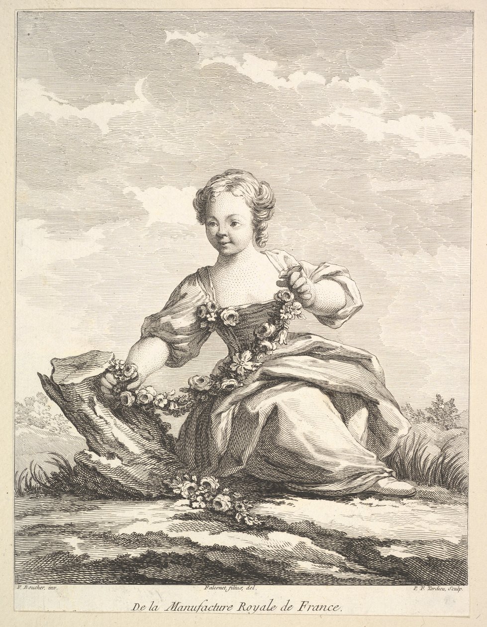 Klein meisje met een bloemenkrans, uit Deuxième Livre de Figures d