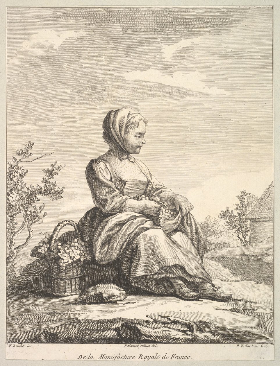 Klein meisje met druiven met een mand ervan naast haar, uit Deuxième Livre de..., na 1757 door Pierre François Tardieu