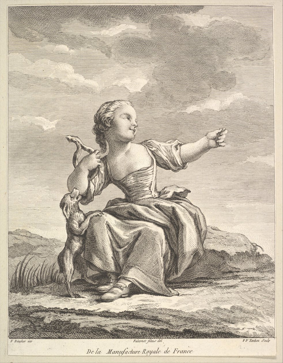 Klein meisje dat met een hond speelt, uit Deuxième Livre de Figures d