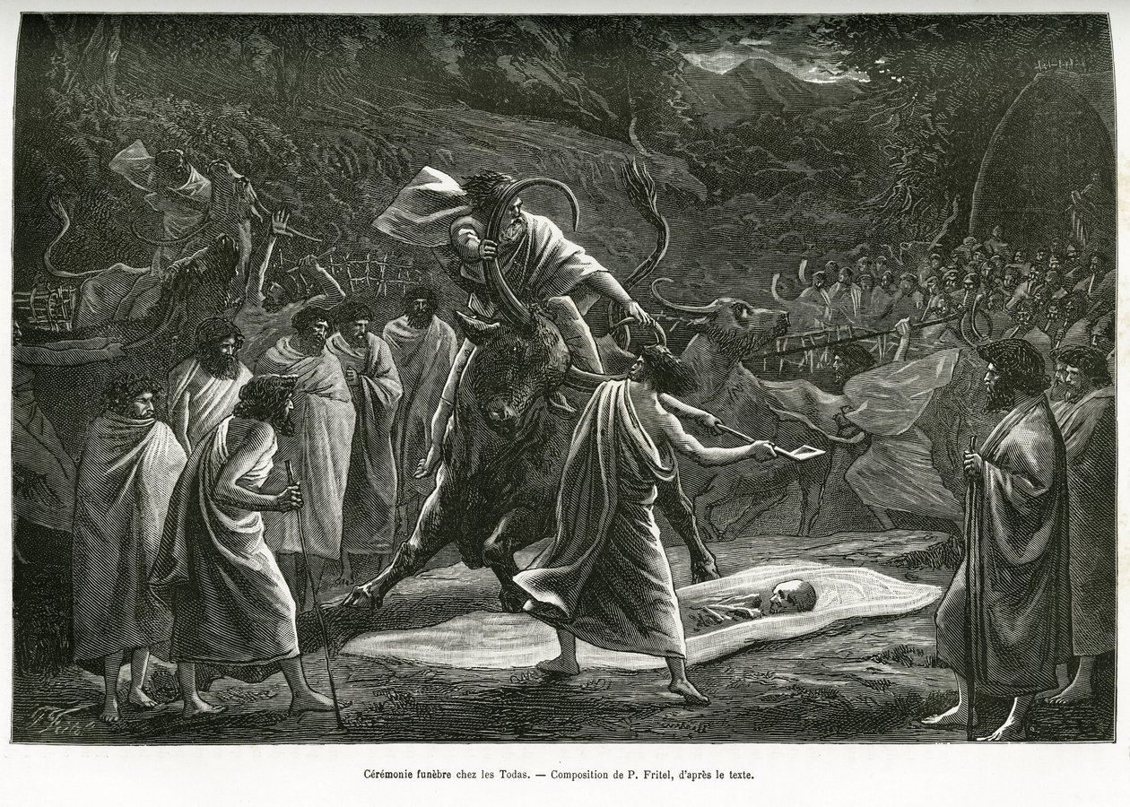 Een begrafenisceremonie voor de Todas, een kleine pastorale gemeenschap op het Nilgiri-plateau (Zuid-India), tijdens de begrafenis worden runderen geofferd. Gravure door P. Fritel, ter illustratie van het verhaal souvenirs van een reis naar de Nilgherries, door Pierre Fritel