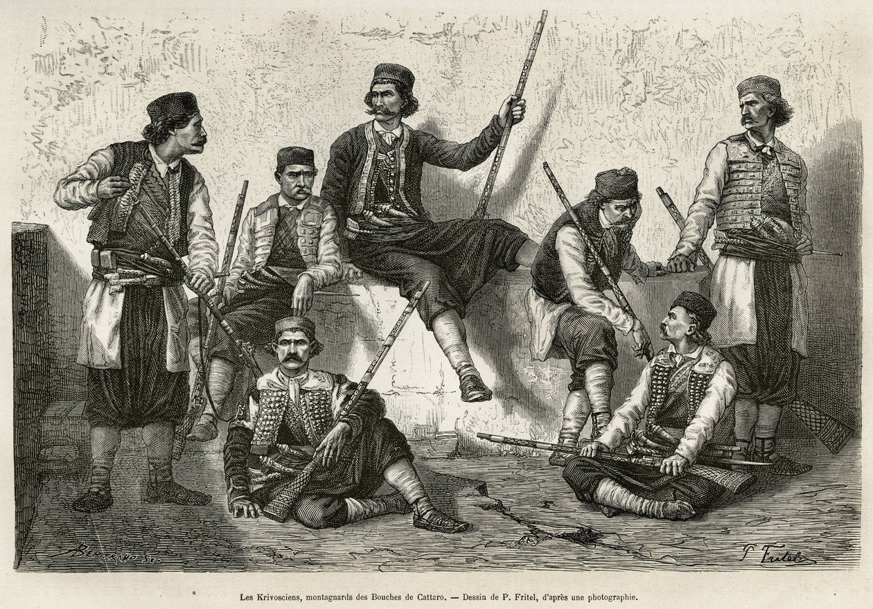 De Krivosciërs, bergbewoners van de Bouches de Cattaro (of Kotor, baai aan de westkust van Montenegro), bewapend om de kracht van de Oostenrijkse troepen te weerstaan. Gravure naar de tekening van P. Fritel, ter illustratie van de reis naar Dalmatië, door  door Pierre Fritel