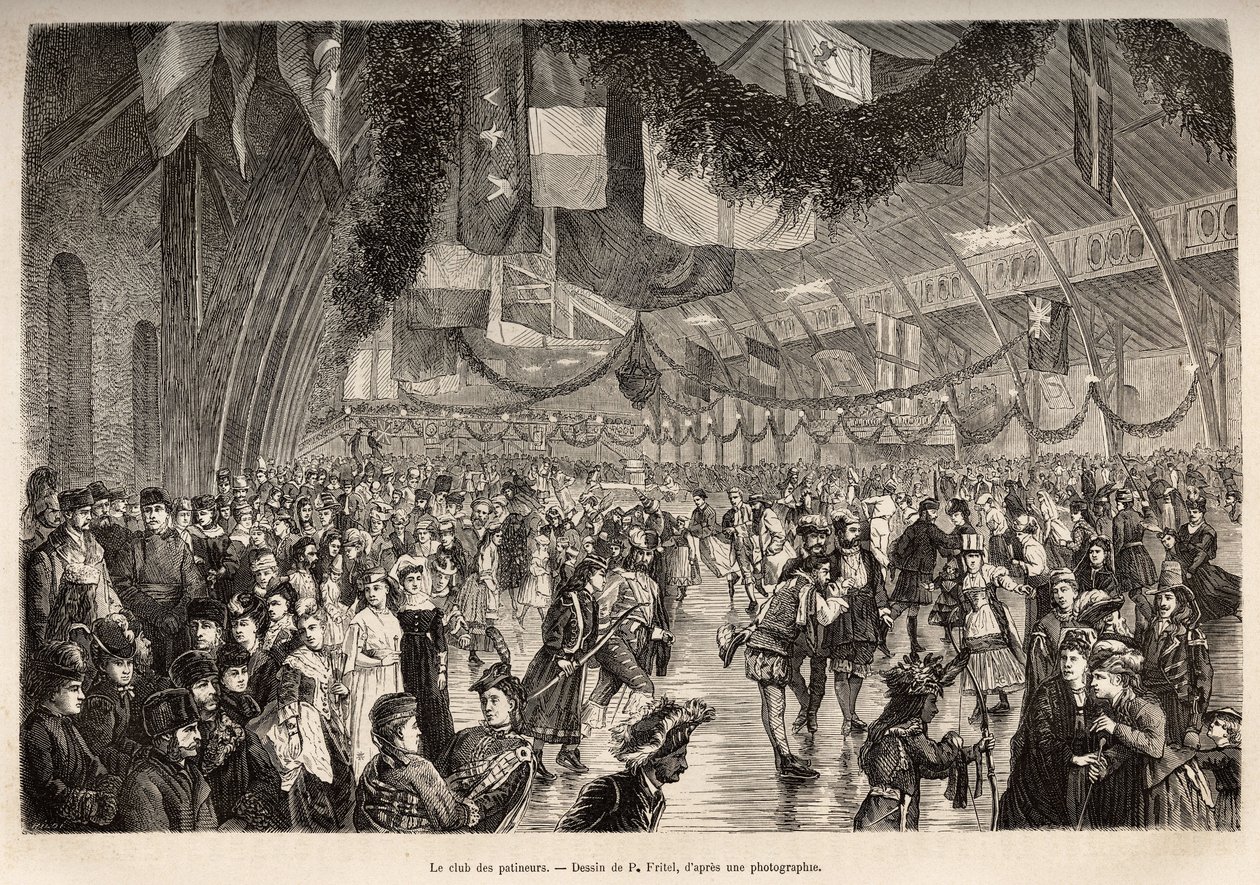 De schaatsclub van Montreal, bij een bijeenkomst voor een kostuum schaatsavond, gegraveerd naar een tekening van P.Fritel, ter illustratie van de excursie naar Canada en de Riviere Rouge du nord, door H. De Lamotte, 1873, gepubliceerd in 