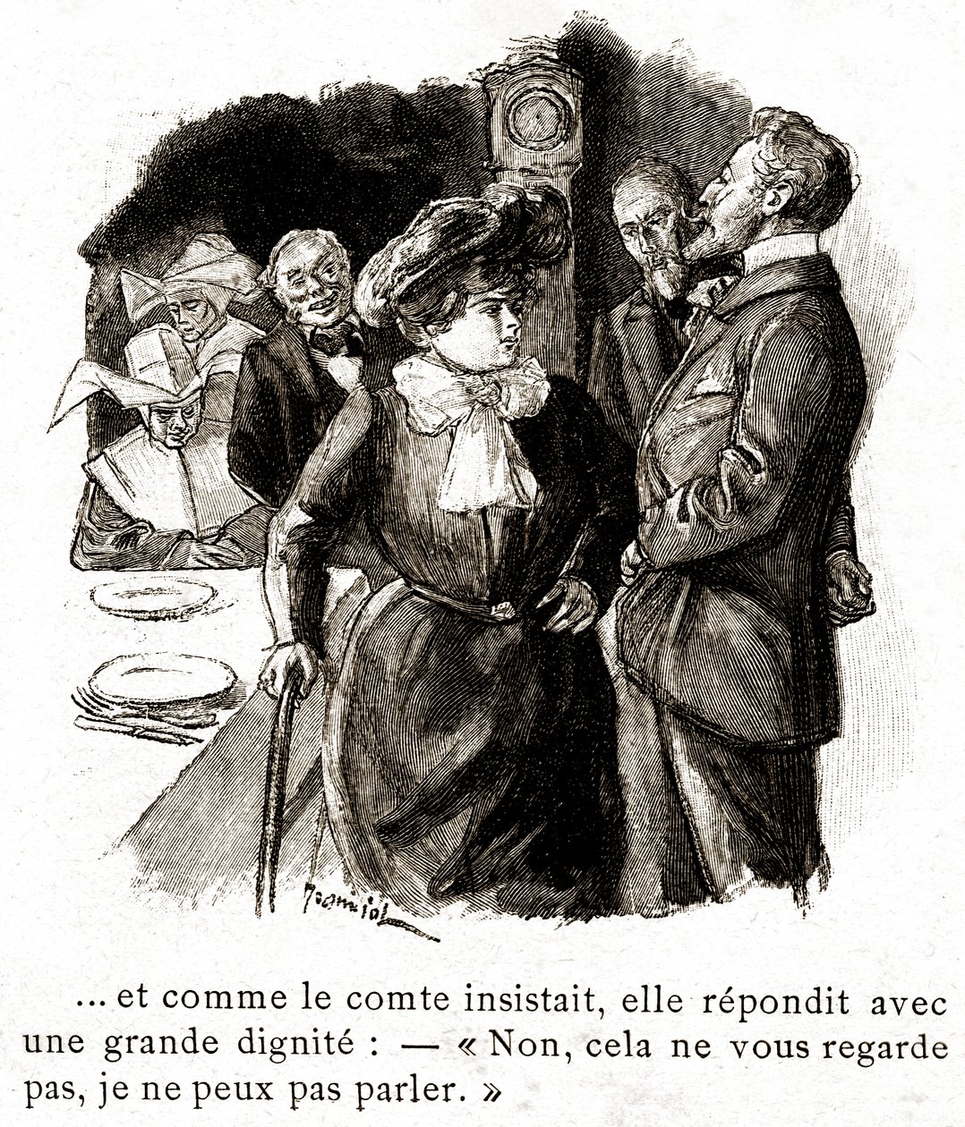 "Boule de Suif": Elisabeth Rousset weigert de graaf te antwoorden, begin 20e eeuw (illustratie) door Pierre Georges Jeanniot