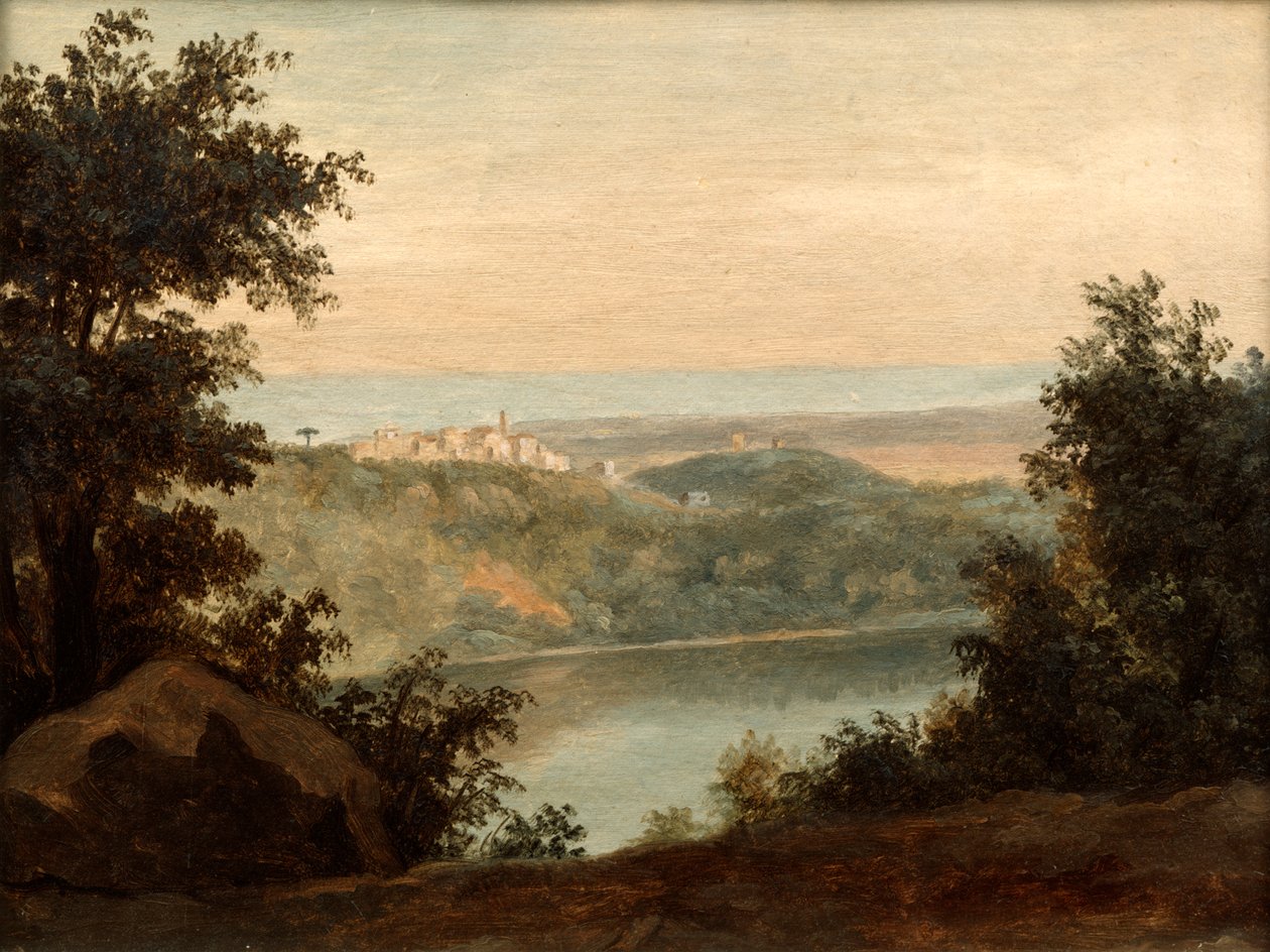 Meer Nemi, op de achtergrond de stad Genzano, eind 18e begin 19e eeuw door Pierre Henri de Valenciennes