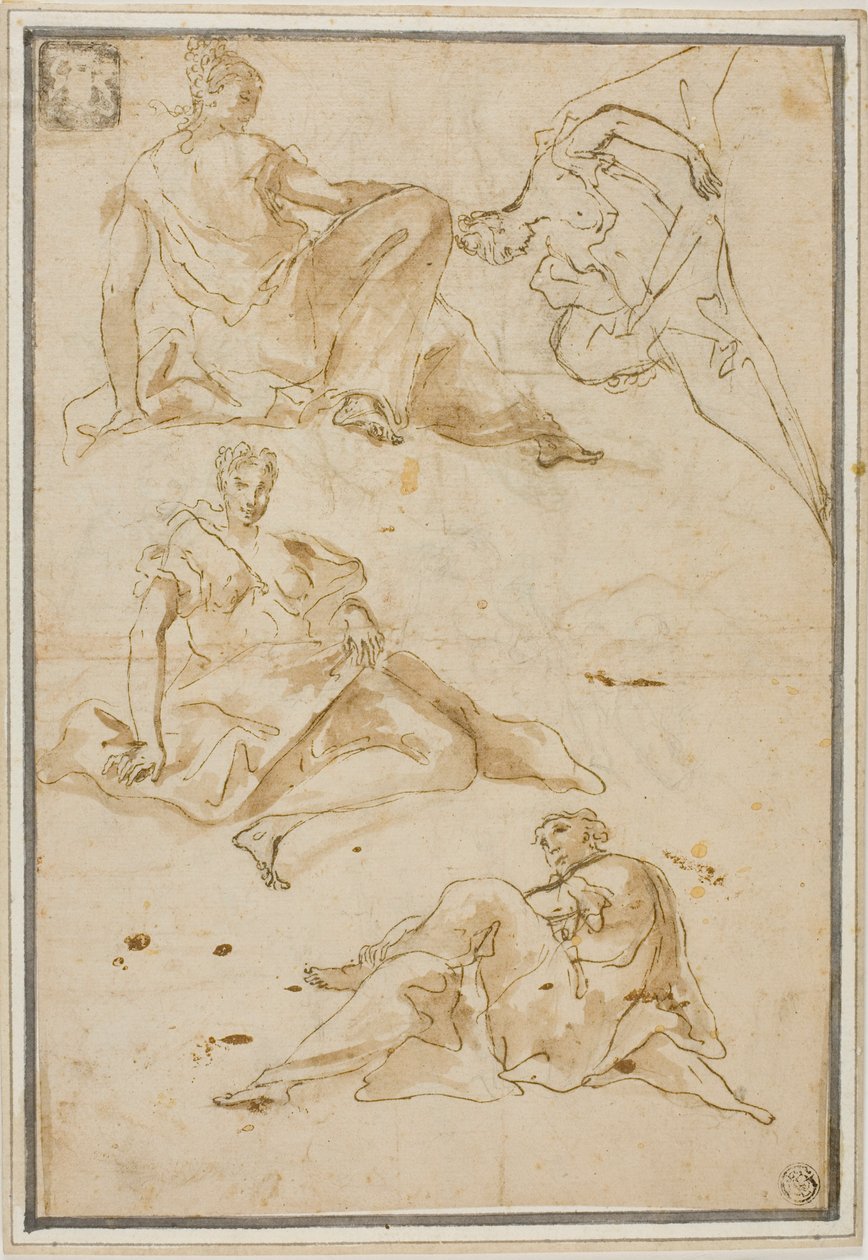 Schetsen van vier gedrapeerde vrouwelijke figuren (voor pendentieven) door Pierre Hubert Subleyras