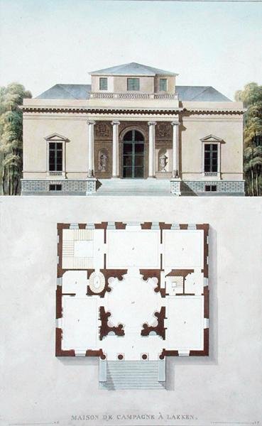 Landhuis in Laken, uit Choix des Monuments, Edifices et Maisons les plus remarquables du Royaume des Pays-Bas door Pierre Jacques Goetghebuer, gepubliceerd 1827 door Pierre Jacques Goetghebuer