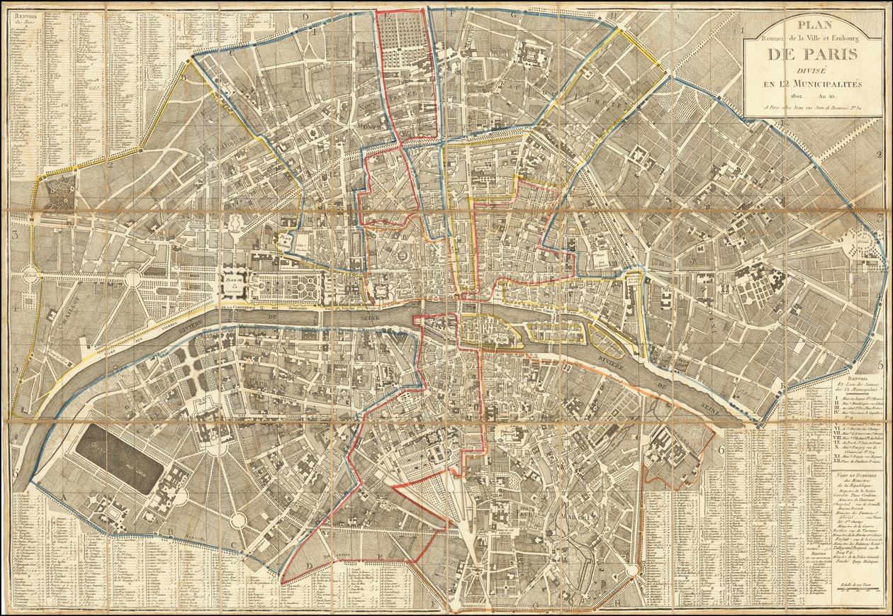 1802 kaart - Plan Routier de la Ville et Faubourg de Paris Verdeeld in 12 Gemeenten door Pierre Jean