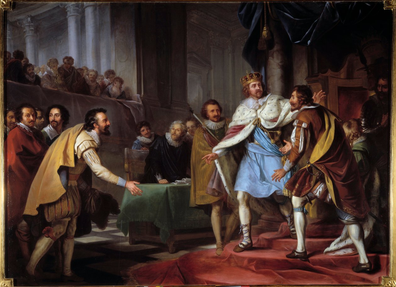 Ambassade van Maximiliaan van Bethune, hertog van Sully (1560-1641) naar koning James I Stuart in 1603. De ambassadeur van de Franse koning Hendrik IV kwam onderhandelen met de nieuwe koning van Engeland en bezocht hem in Hampton Court op 9/09/1603. Schild door Pierre Lacour