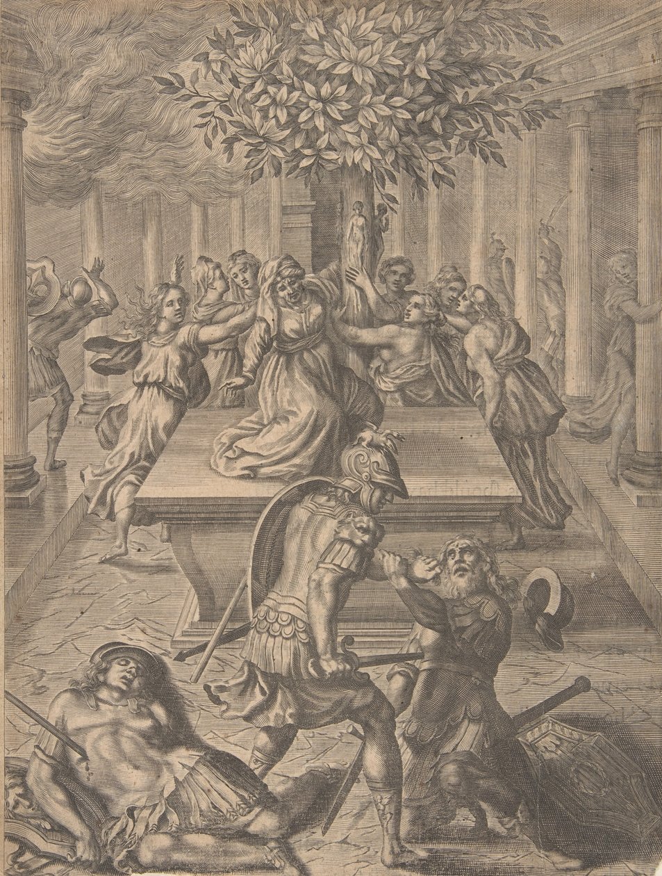 De Plundering van Troje - Pyrrhus Doodt Priamus, voor 1654 door Pierre Lombart